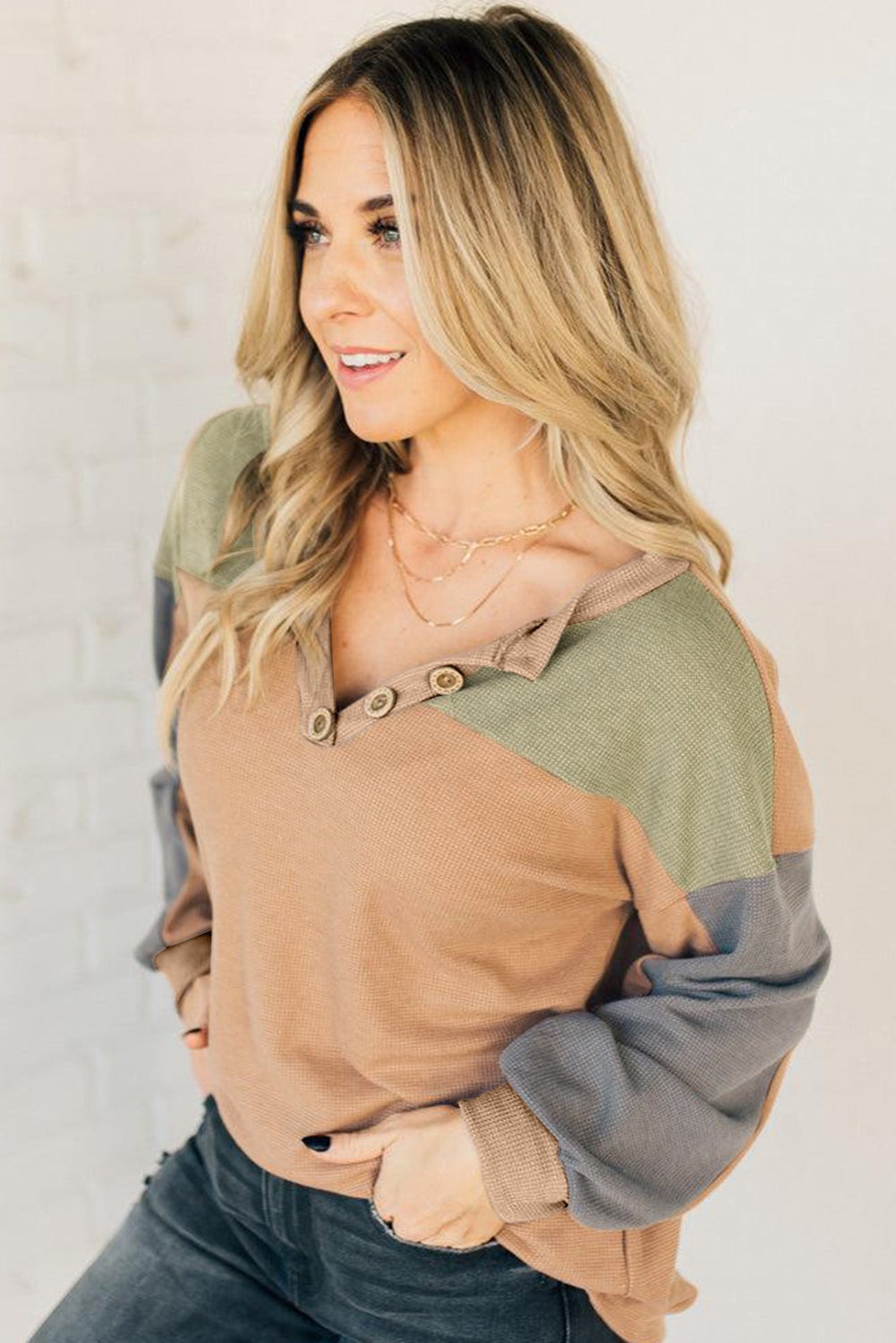 Textured Drop Shoulder Henley Top eAura
