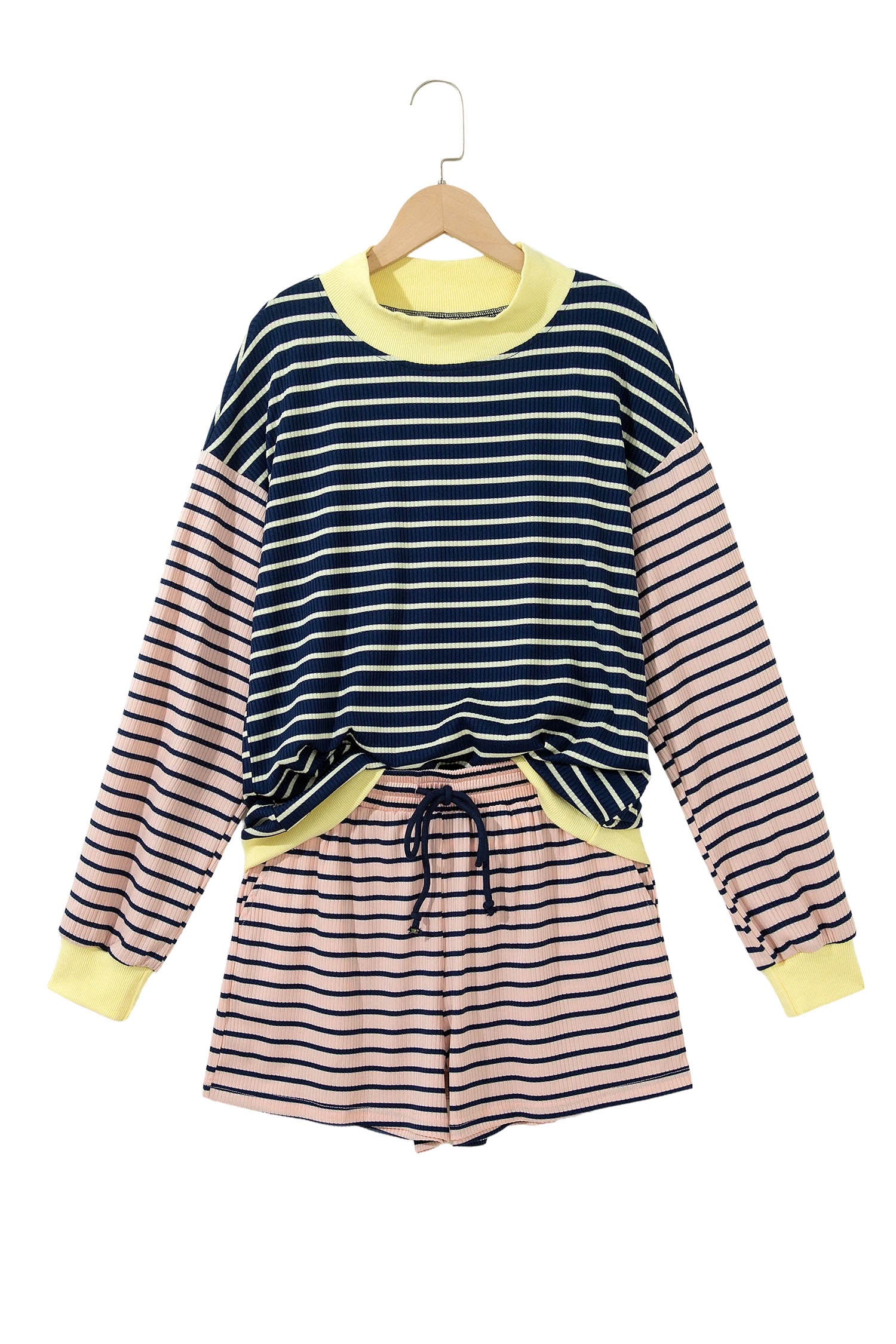 Color Block Long Sleeve Pullover Ribbed Knit Casual Shorts Set – Blue Stripe