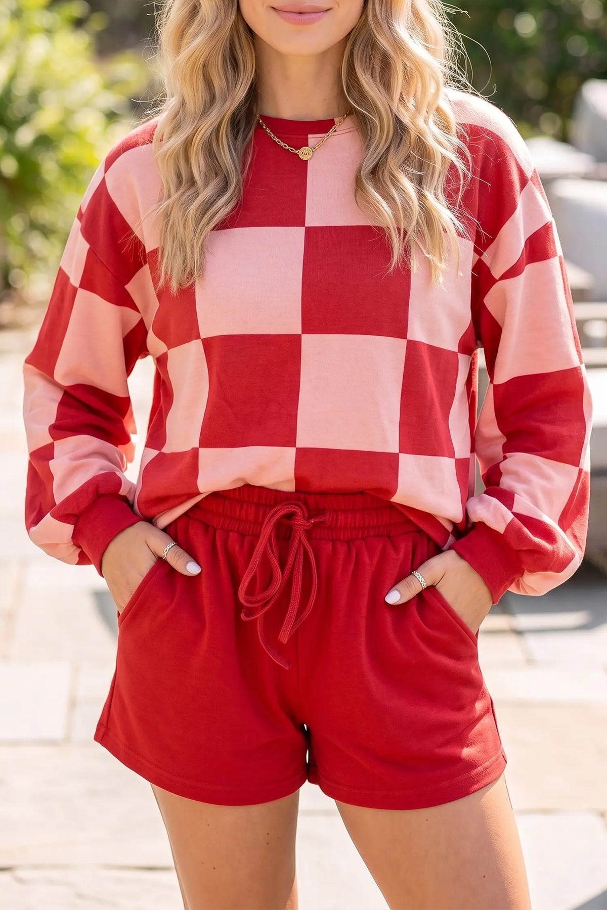 Checkerboard Plaid Long Sleeve Solid Colour Shorts 2pcs Set – Khaki