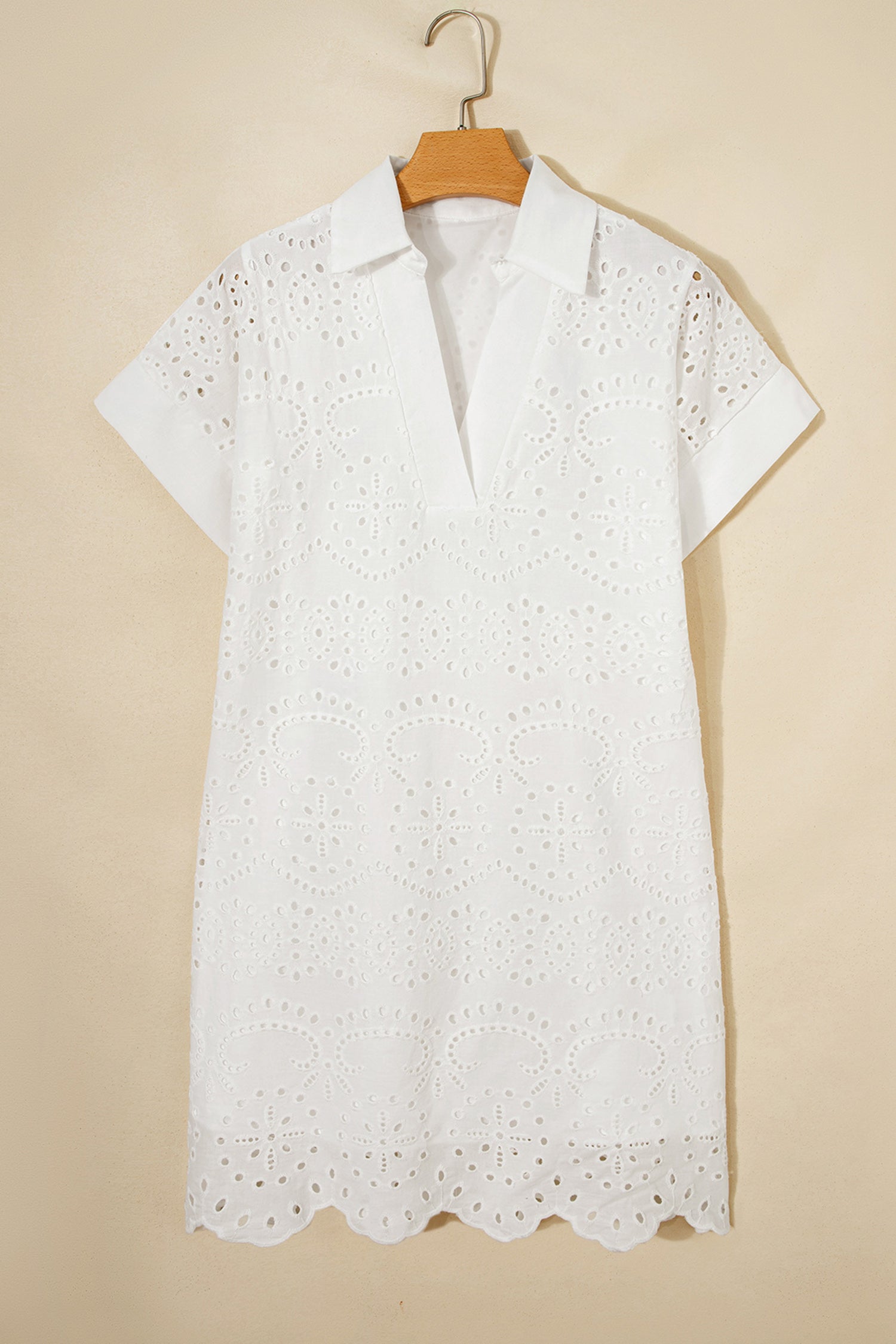 Solid Color Eyelet Embroidered T Shirt Mini Dress – Rose Red