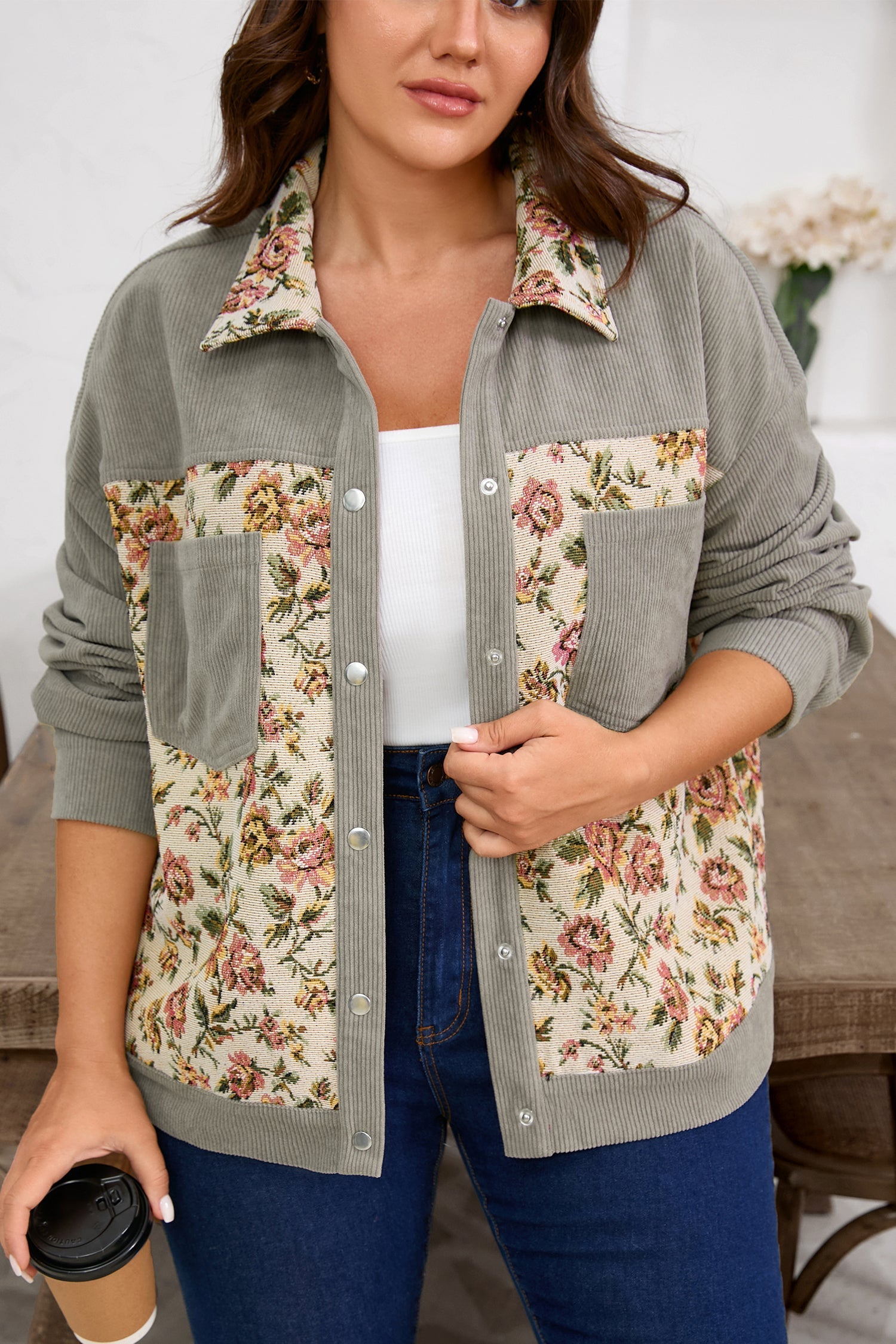 Soft Corduroy Floral Patchwork Jacket - eAura