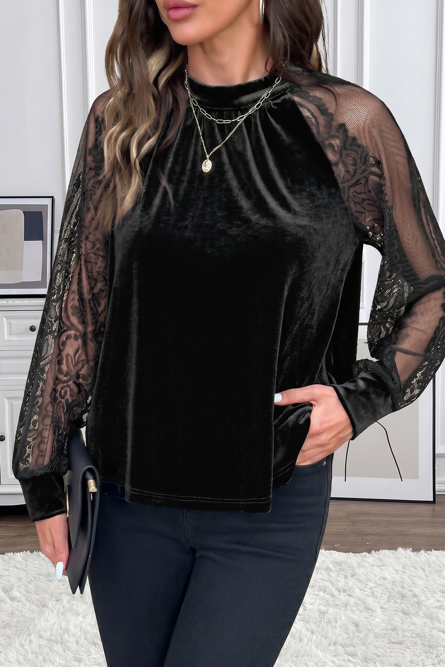 Solid Color Sheer Lace Long Sleeve Patchwork Stand Neck Velvet Blouse – Color Black