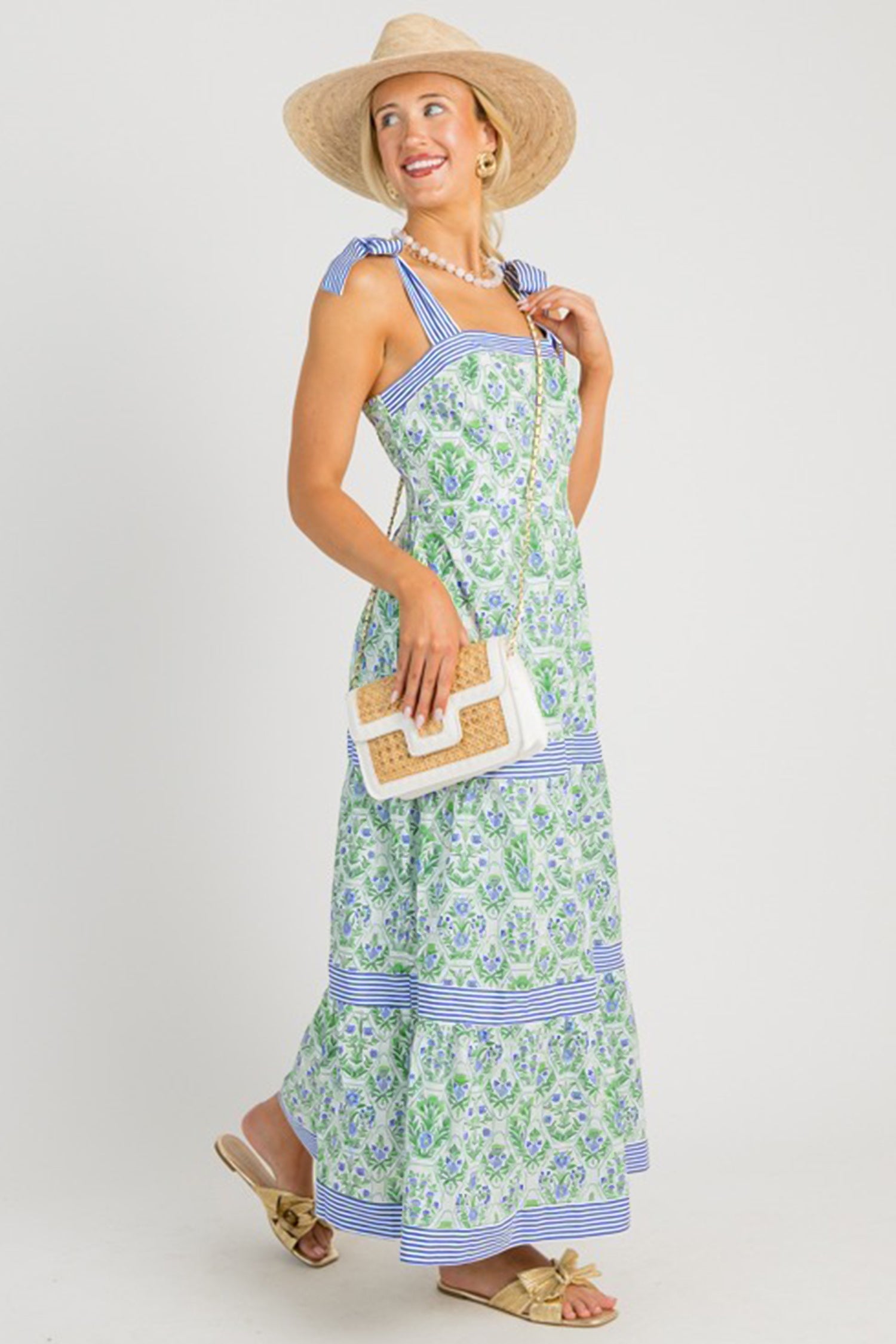Pink Geometric Floral Print Striped Patchwork Sleeveless Dress