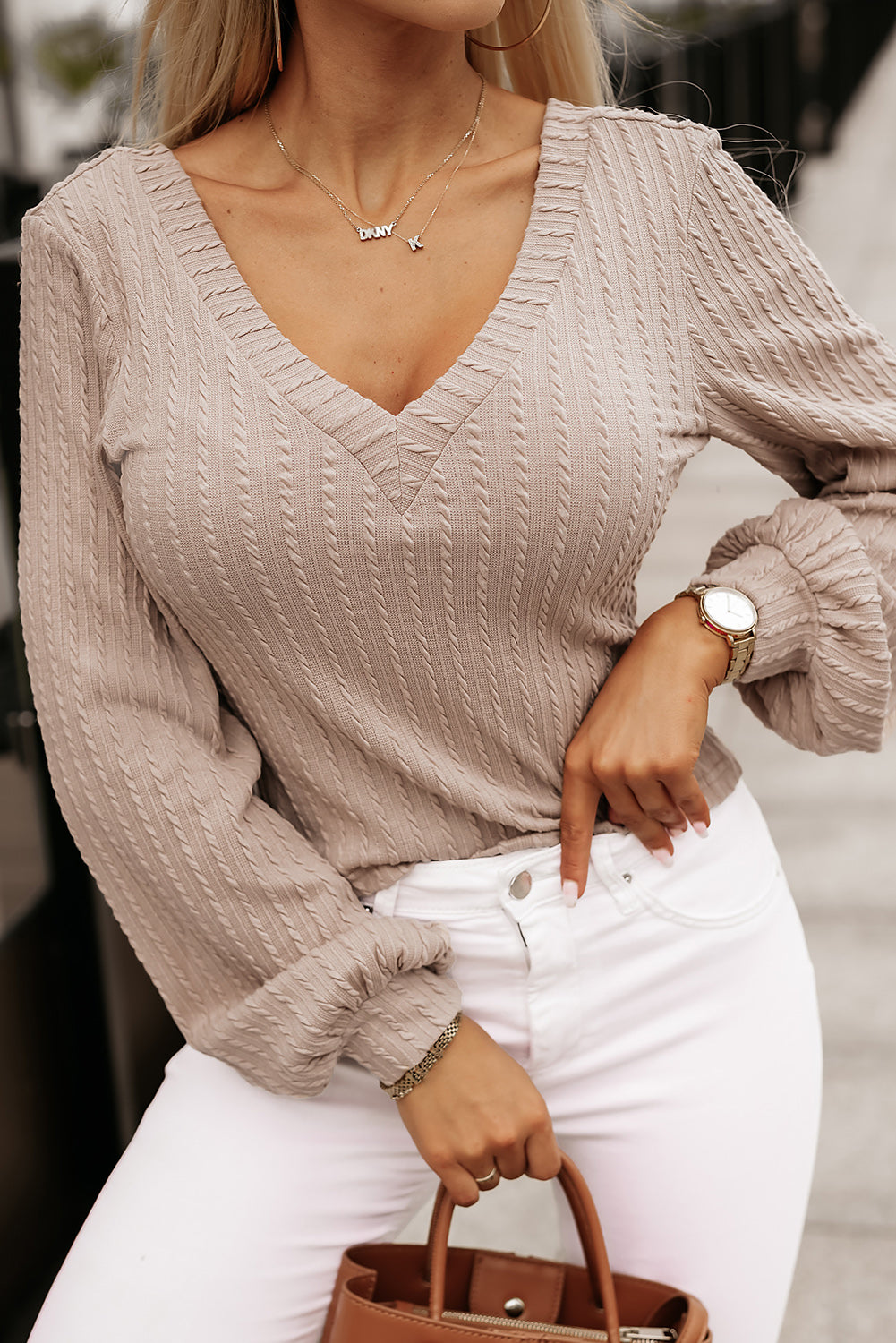 Knitted Jacquard V Neck Lantern Sleeve Top eAura