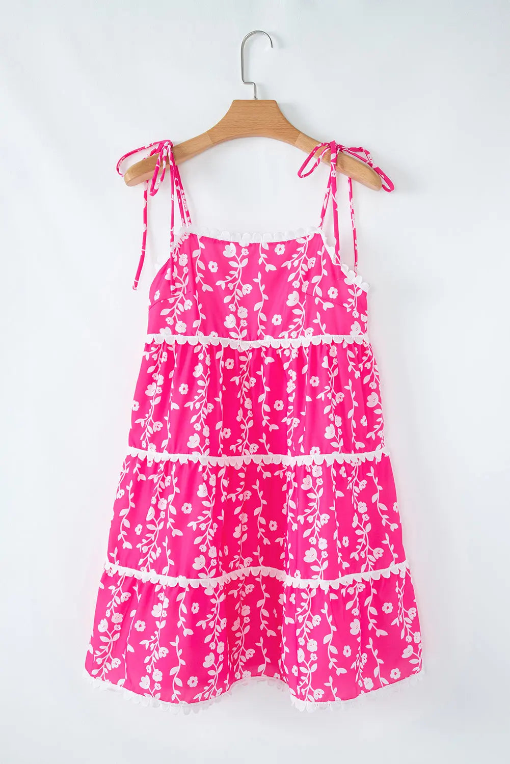 Pink Floral Print Ric Rac Patched Sleeveless Mini Dress - Dresses/Floral Dresses