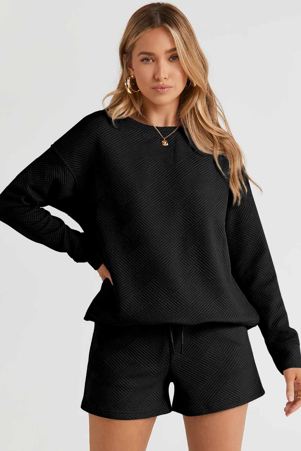 Navy Blue Textured Long Sleeve Top and Drawstring Shorts Set eAura
