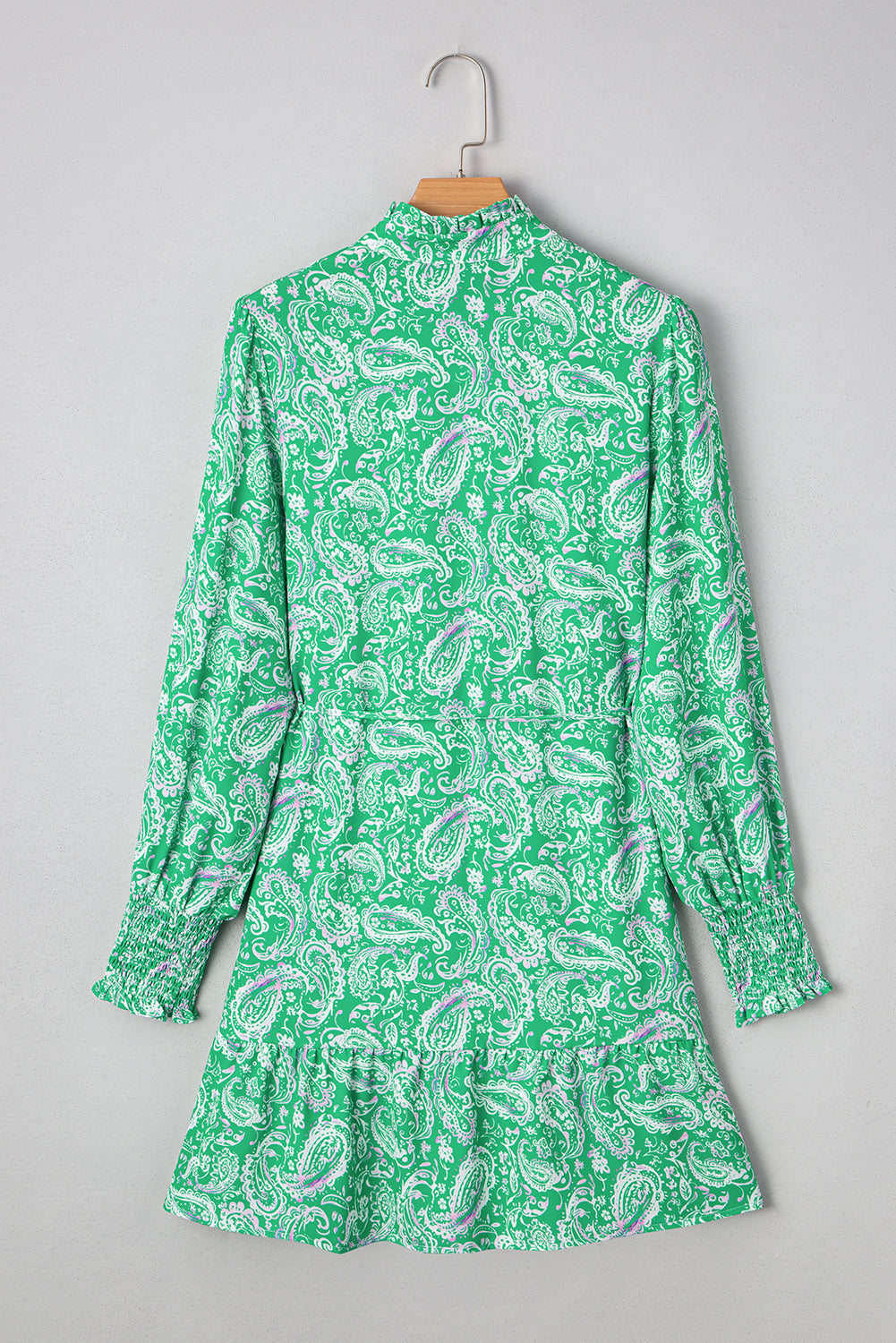Green Paisley Print Long Sleeve Button Front Tied Waist Mini Dress Dear-Lover Dropshipping