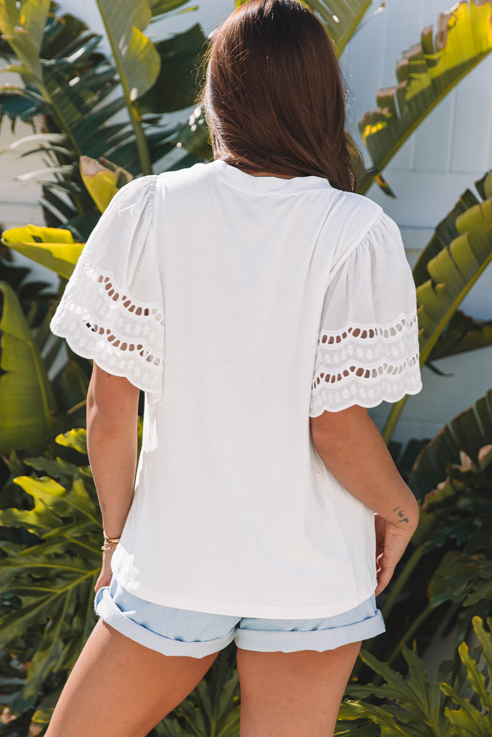 White Hollow Out Embroidered Short Sleeve O Neck Top eAura