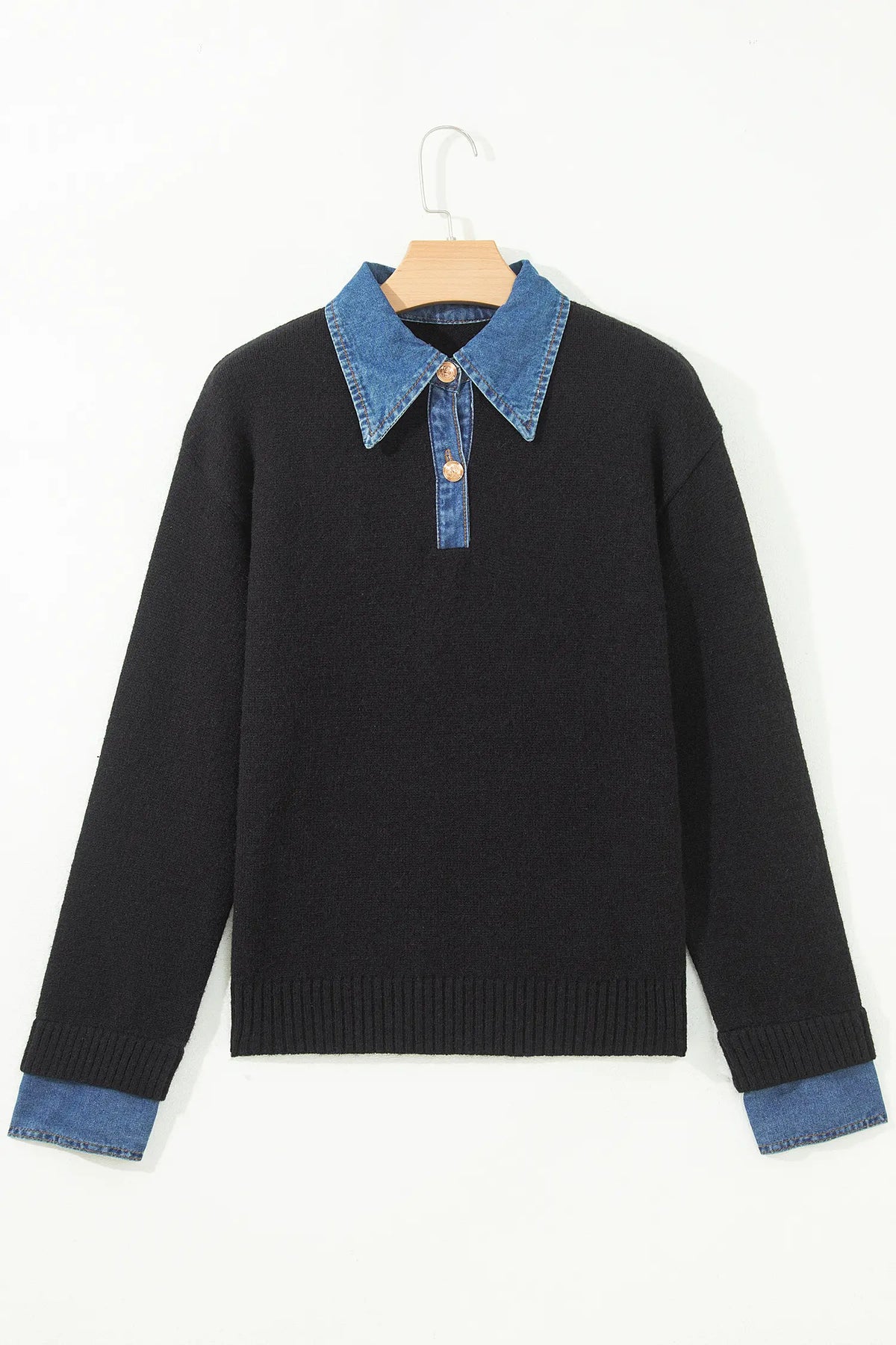 Denim Patchwork Collar Cuffed Casual Sweater – Black