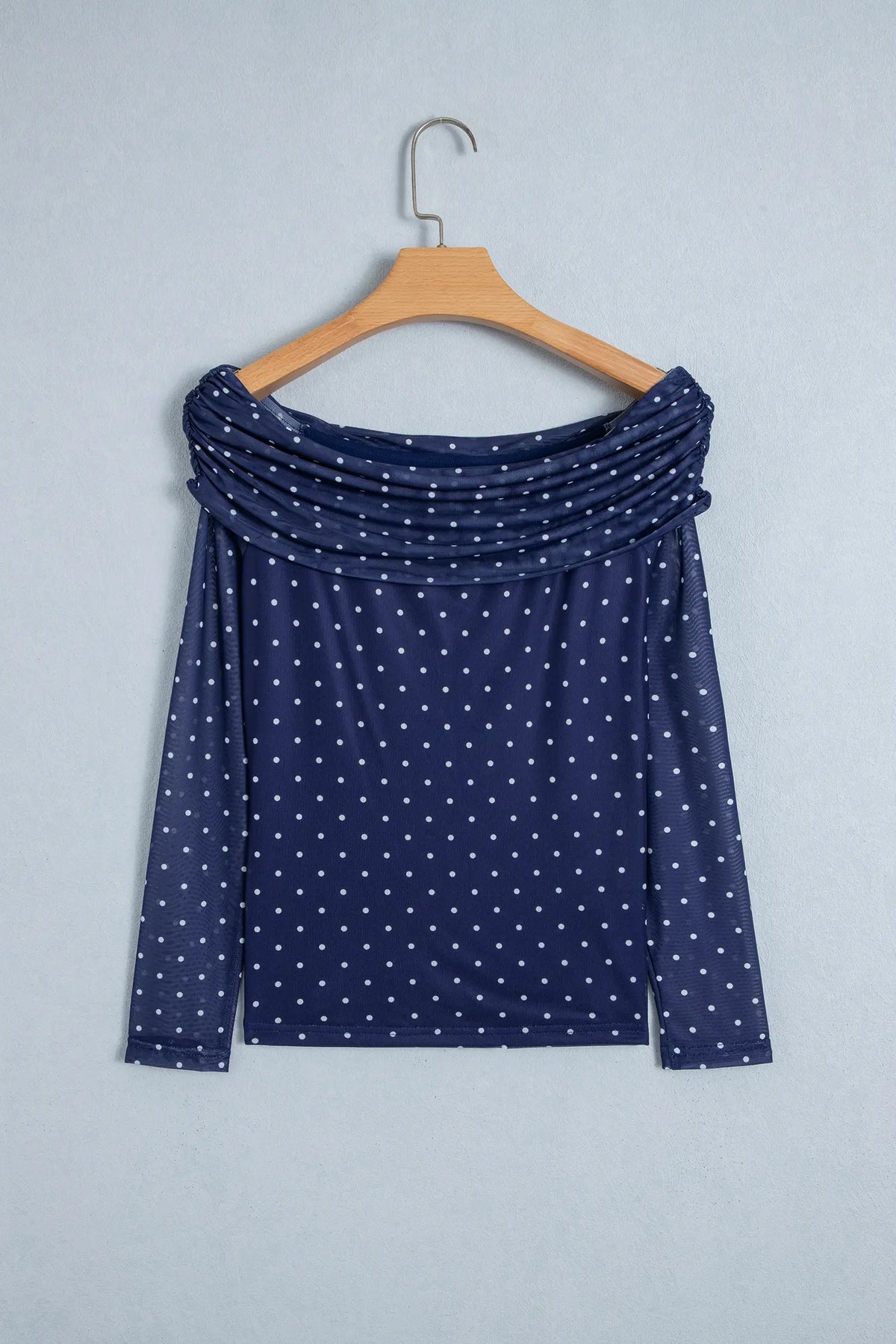 Off Shoulder Polka Dot Mesh Long Sleeve Sheath Top – Blue