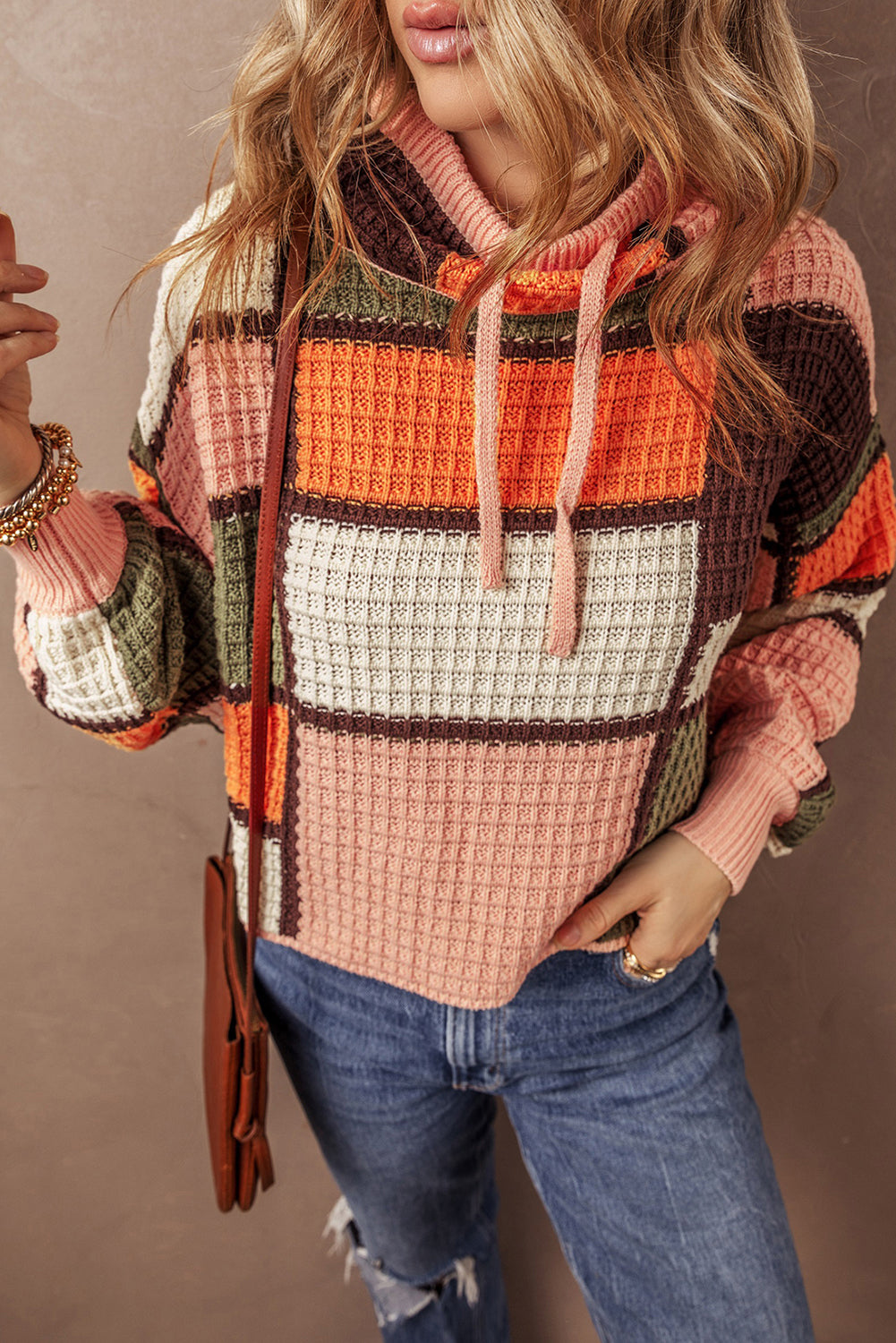 Orange Colour Block Waffle Knit Drawstring Mock Neck Sweater eAura