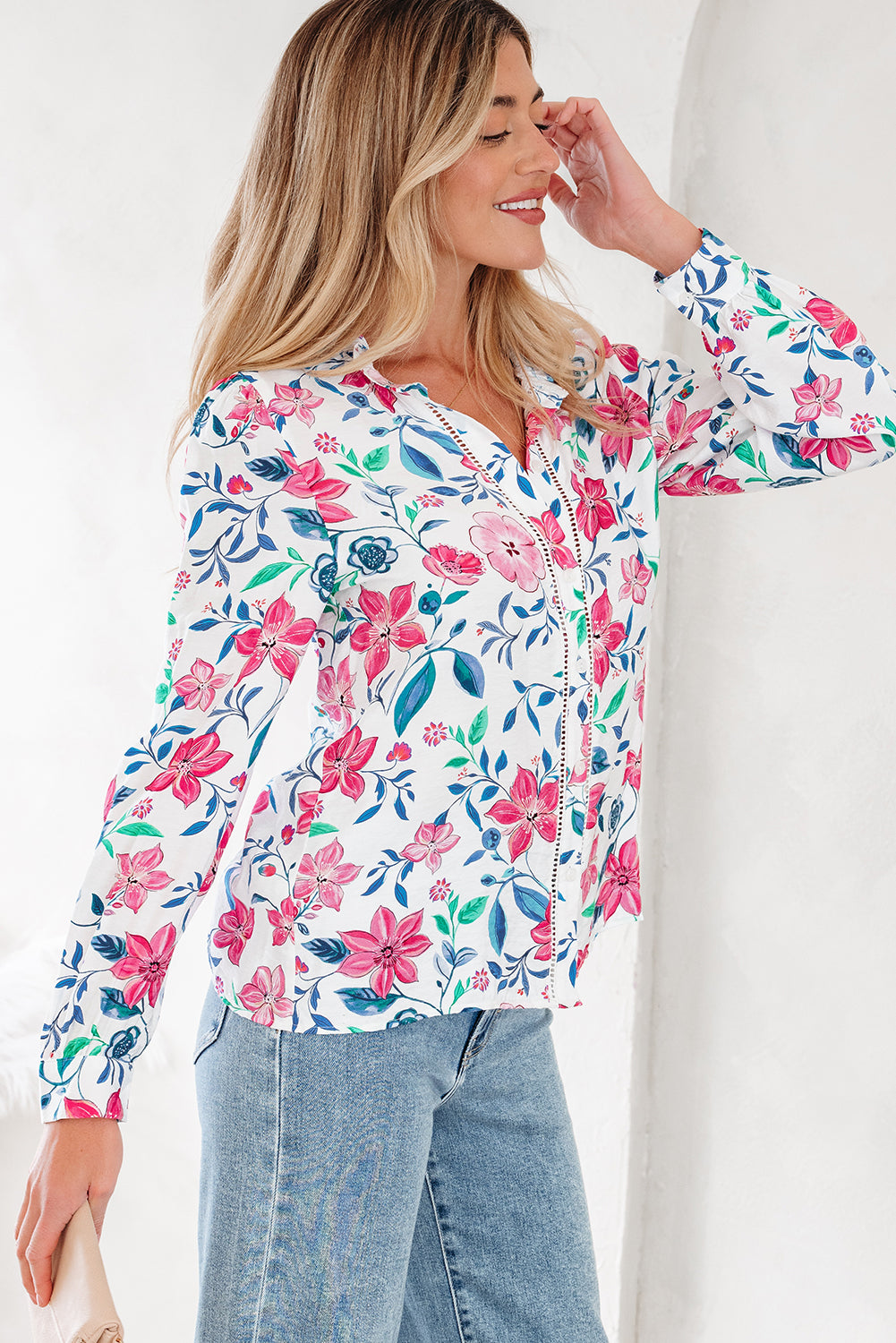 Pink Floral Print Lace Detail Button-up Long Sleeve Shirt - eAura