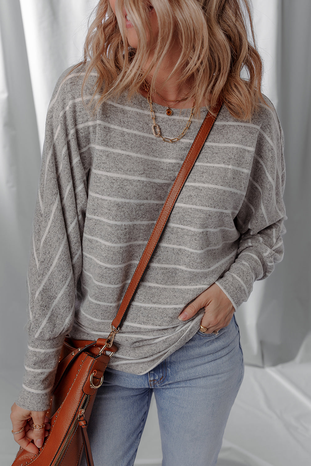 Grey Stripe Dolman Sleeve Drop Shoulder Top - eAura