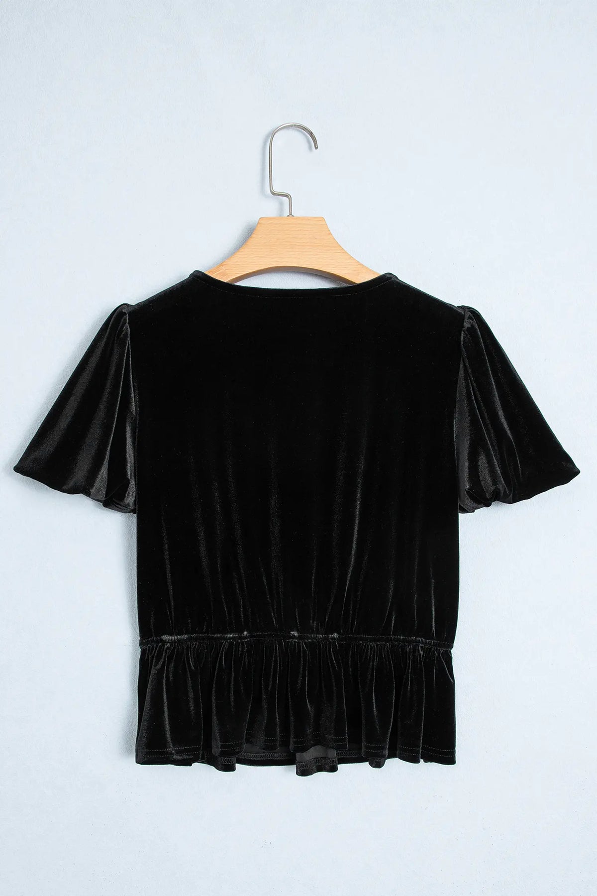 V Neck Bow Decoration Peplum Hem Shift Silhouette Short Sleeve Blouse – Black