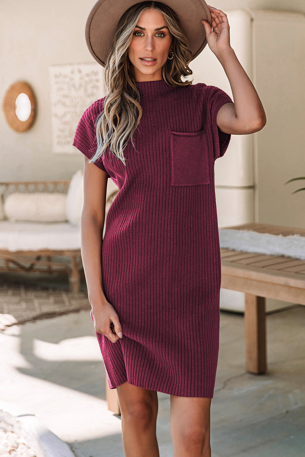 Blackish Green Patch Pocket Ribbed Knit Short Sleeve Sweater Dress eAura