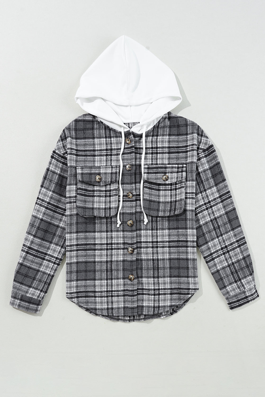 Black Plaid Print Flap Pockets Contrast Hooded Loose Shacket BB Fashion Outlet
