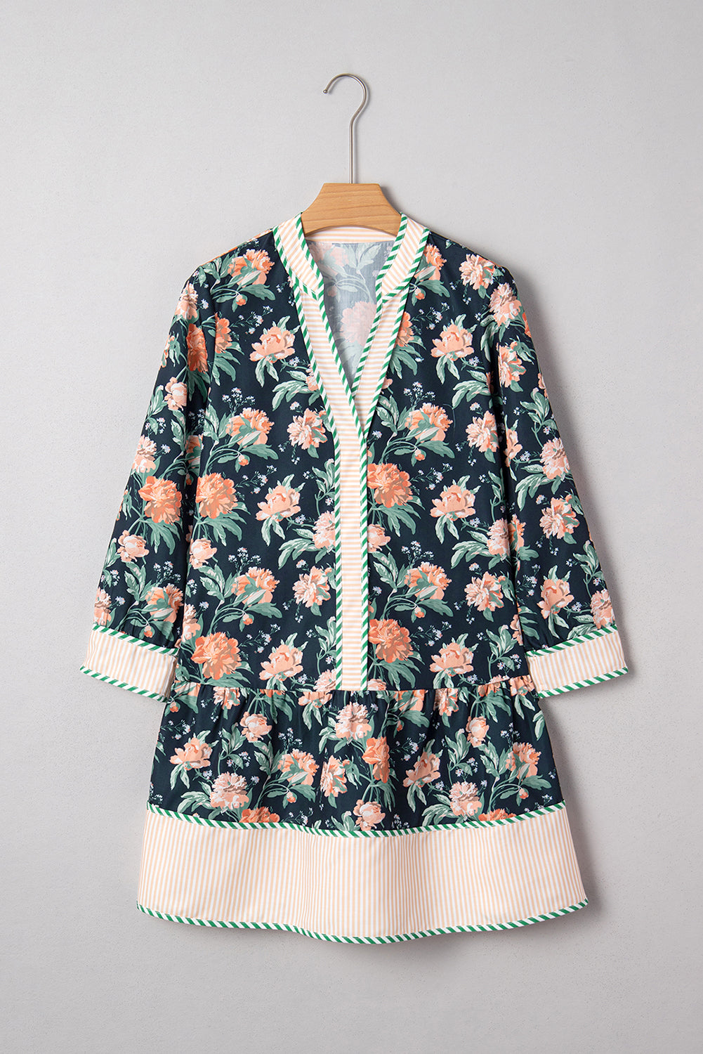 Floral Print Striped Trim V-Neck Long Sleeve Ruffle Hem Shift Mini Dress - eAura