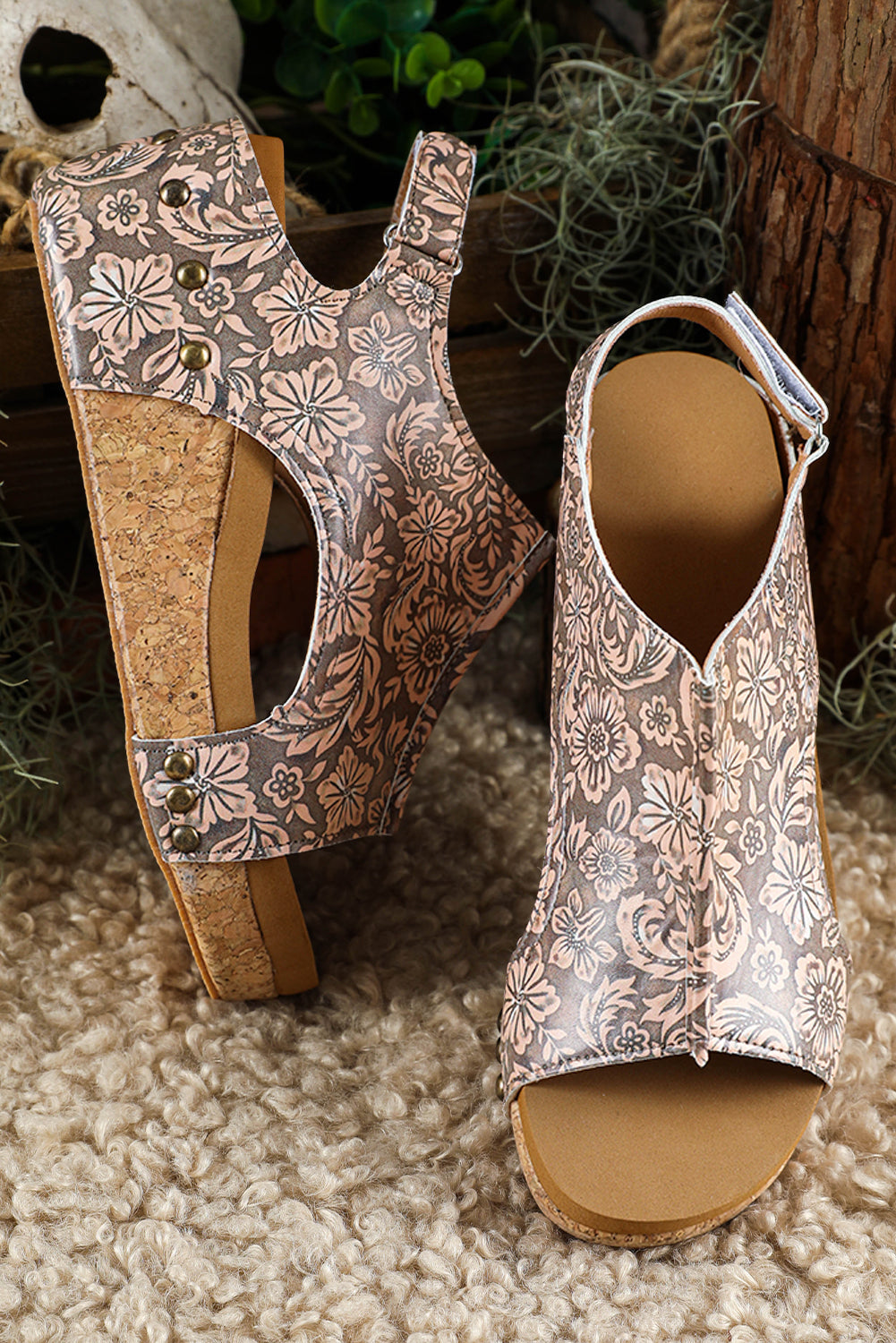Brown Vintage Floral Leather Rivet Hollowed Platform Sandals BB Fashion Outlet