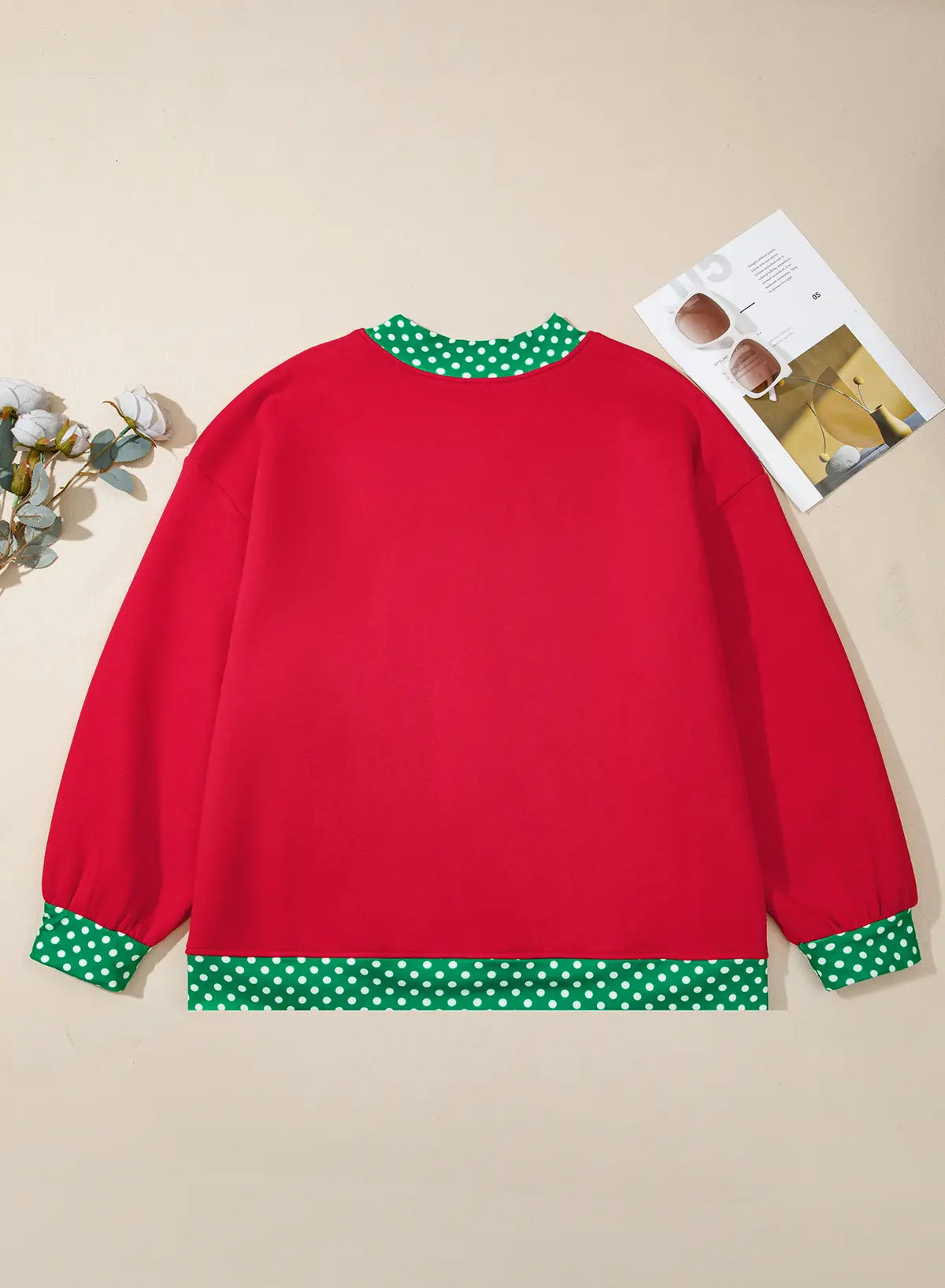 Polka Dot Patchwork Round Neck Plus Size Sweatshirt – Racing Red