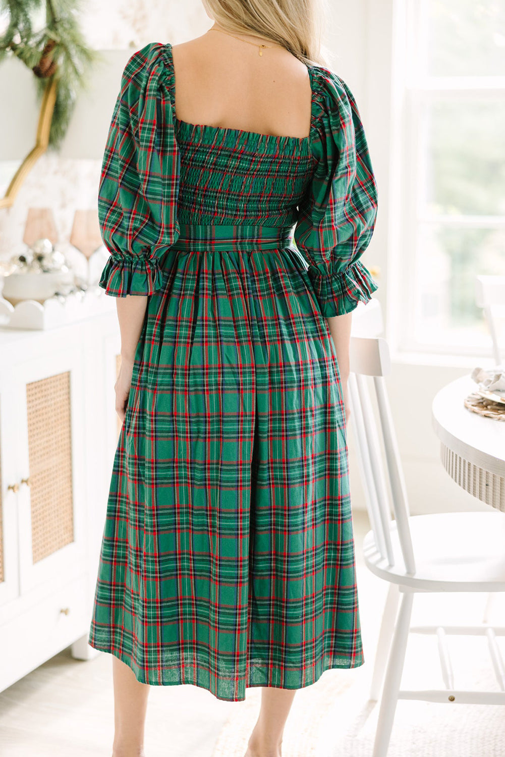 Tartan Plaid Square Neck Puff Sleeve Knot Waist Flared Midi Dress - eAura