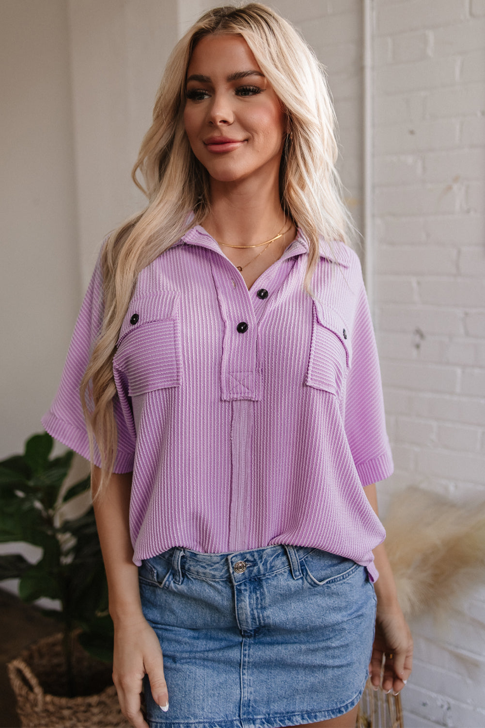 Orchid Bouquet Ribbed Flap Pocket Collared Buttoned Short Sleeve Top eAura
