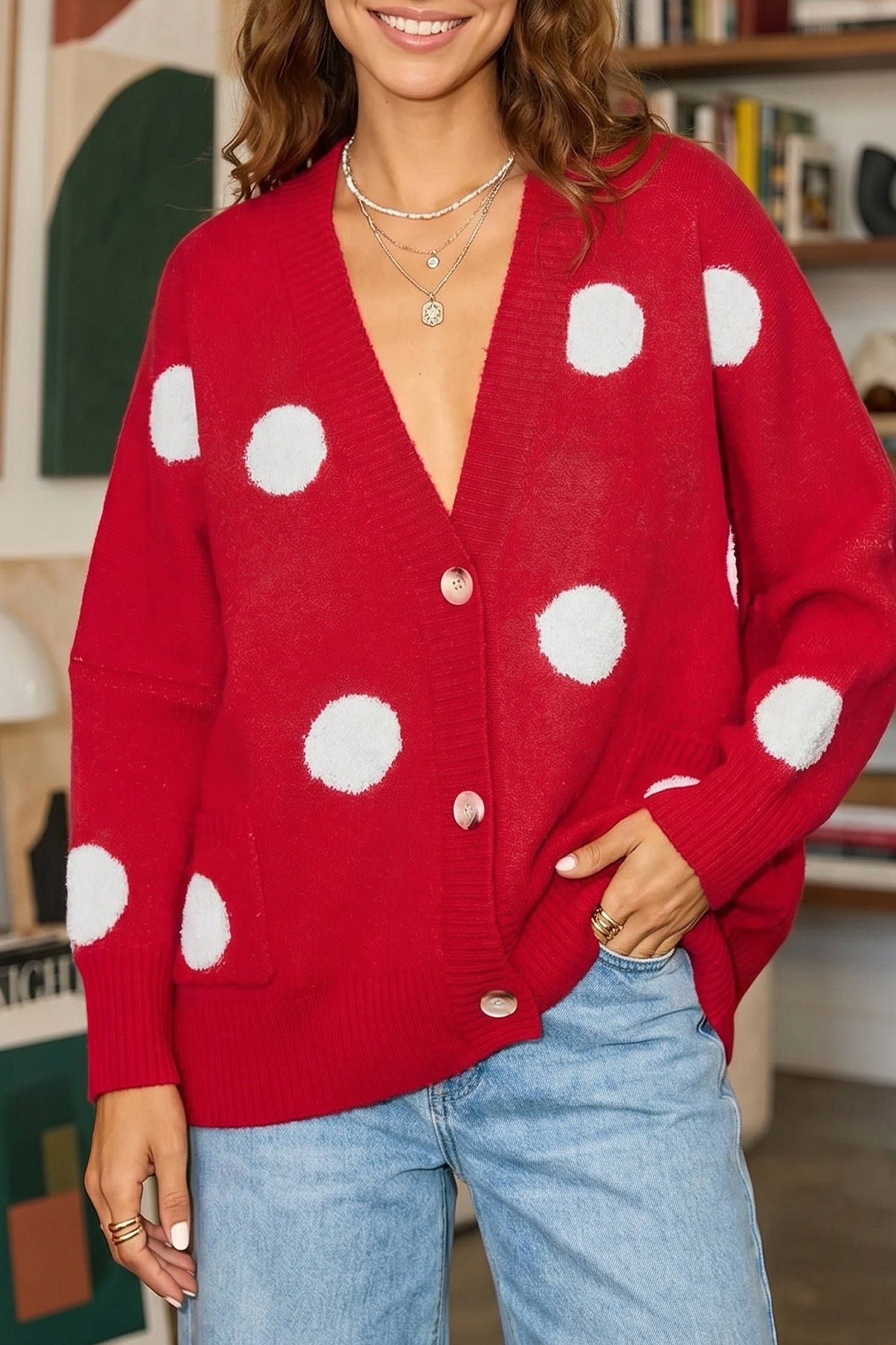 Polka Dot Button Front Oversized V Neck Cardigan – Beige