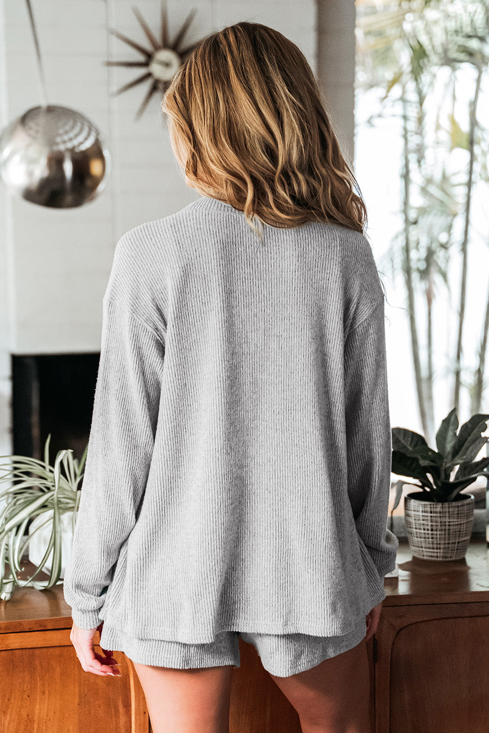 Light Grey 3 Pieces Rib Crop Camisole Matching Shorts Lounge Set with Cardigan eAura