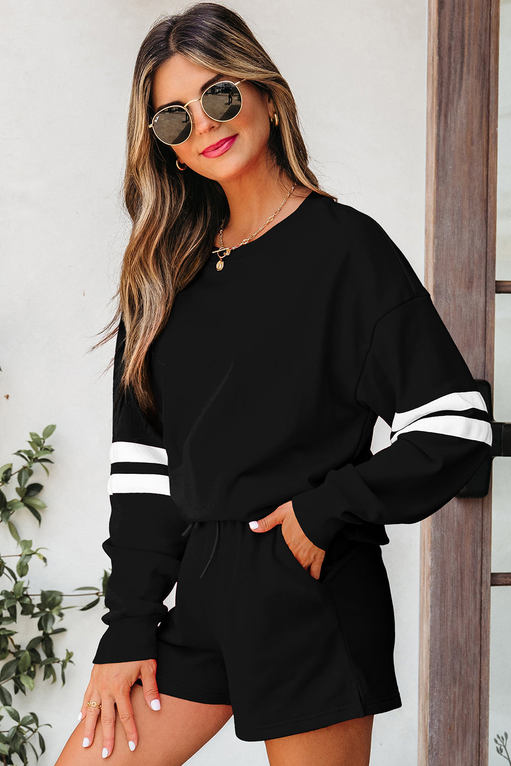 Varsity Striped Sleeve Drop Shoulder Sweatshirt and Shorts Co-ord Set eAura