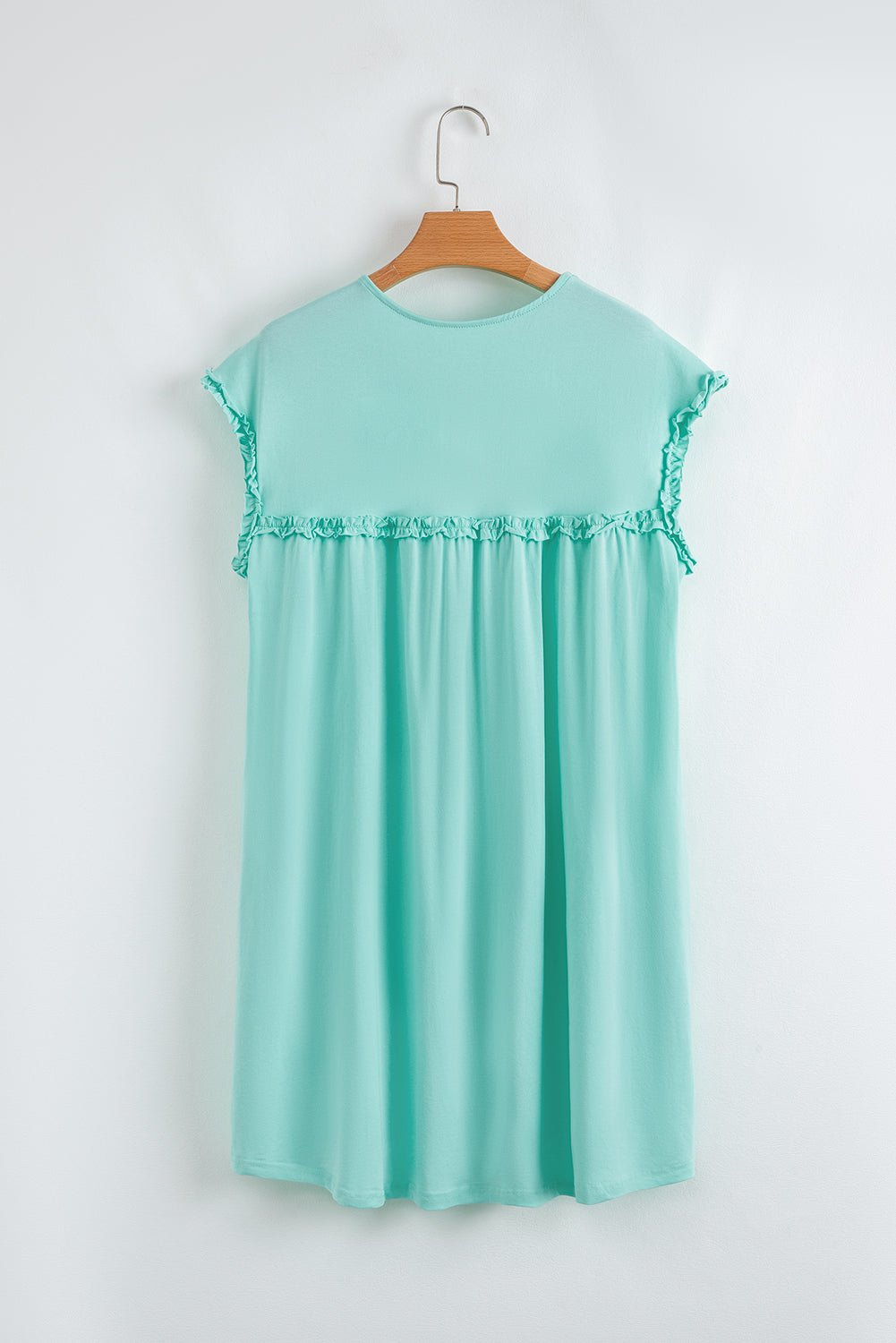 Mint Green Frilled Trim Crew Neck Loose Fit Mini Dress eAura
