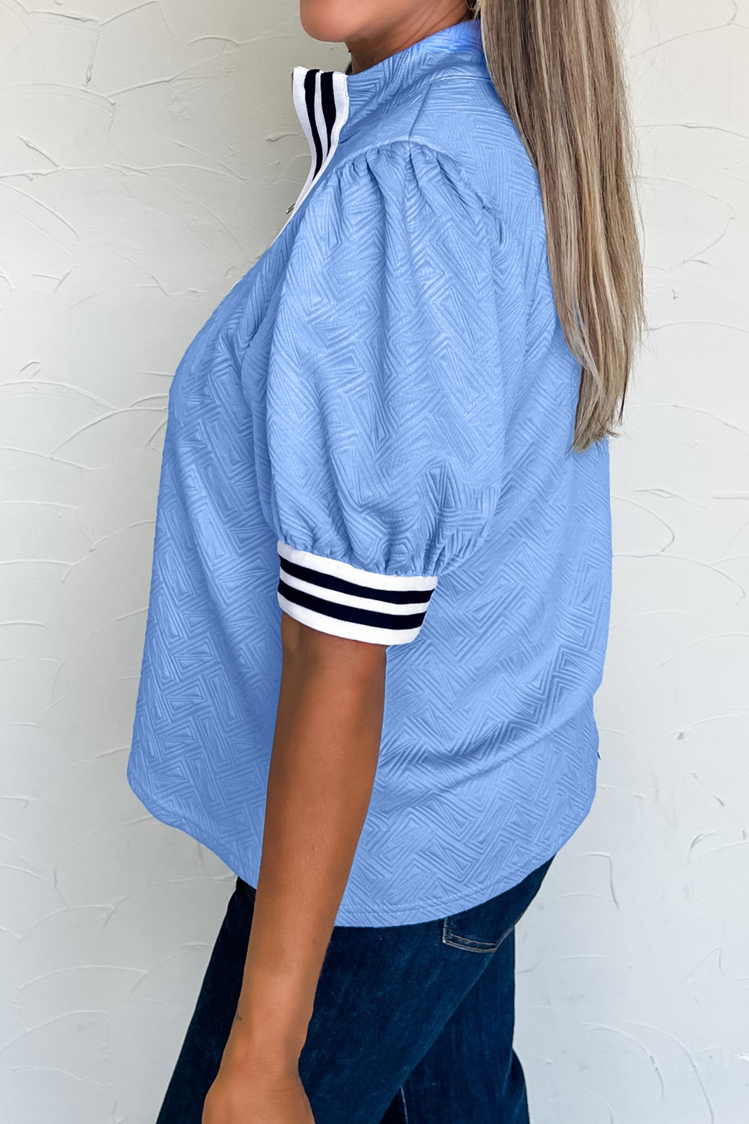 Myosotis Stylish Textured Stripe Trim Split Neck Puff Sleeve Top – Blue