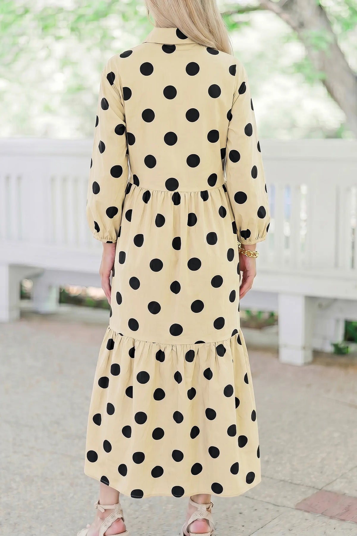 Polka Dot Button Front Long Sleeve Shift Dress