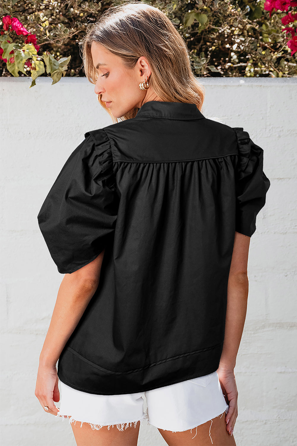 Black Crisp Puff Sleeve Loose Shirt eAura