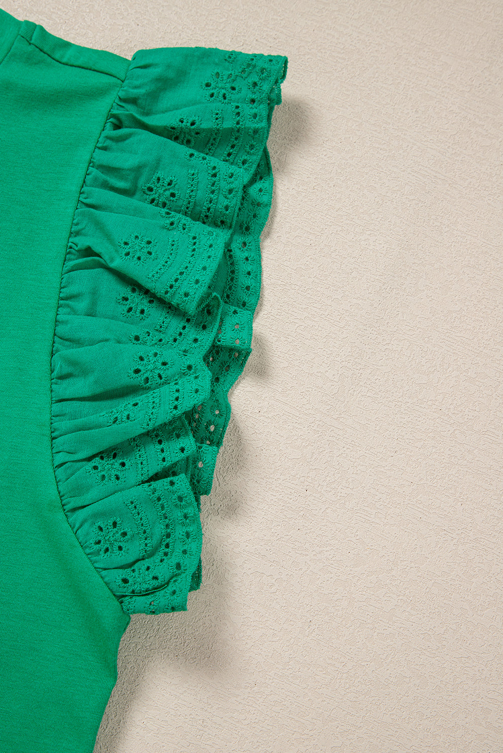 Dark Green Embroidered Ruffled Sleeve Slim Fit Crew Neck Top eAura