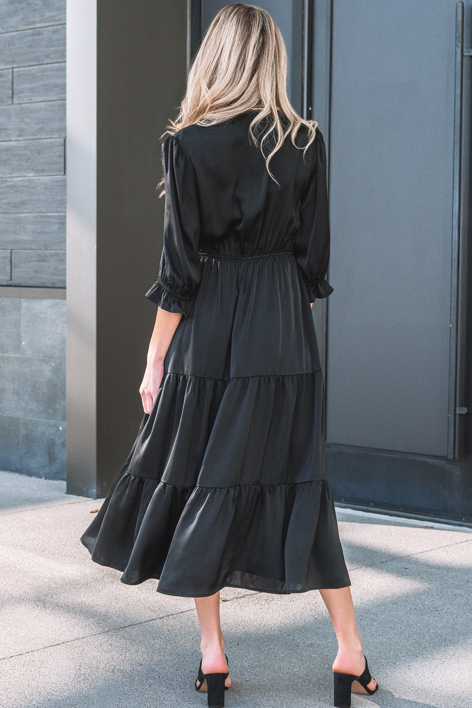 Black Flounced Bracelet Sleeve V-Neck Tiered Maxi Dress
