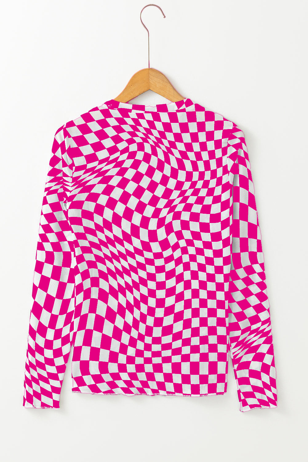 Checkered Pattern Mesh Mock Neck Long Sleeve Top - eAura