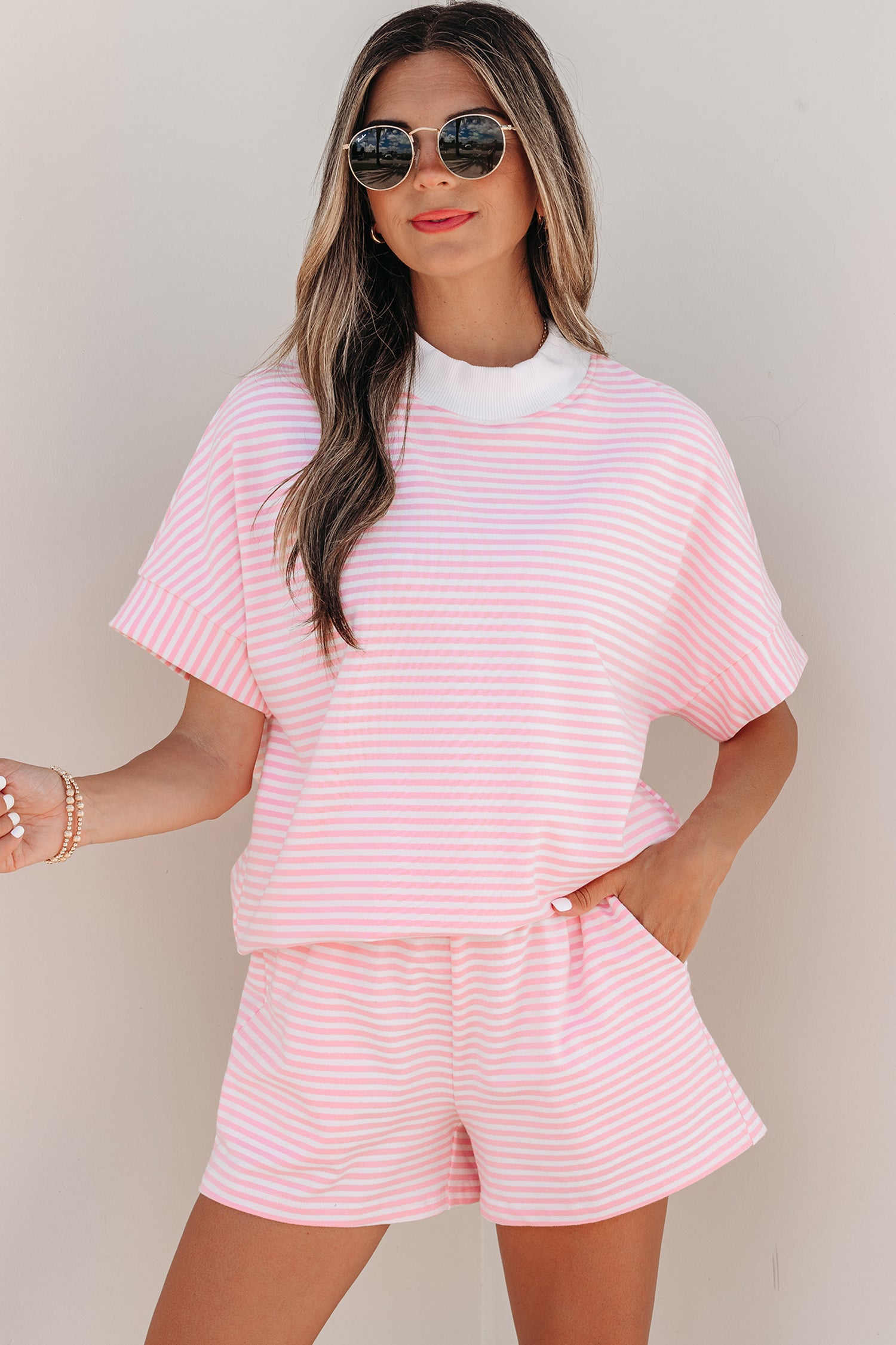 Stripe Cuffed Sleeve Contrast Mock Neck Tee Casual Co-ord Short Set
