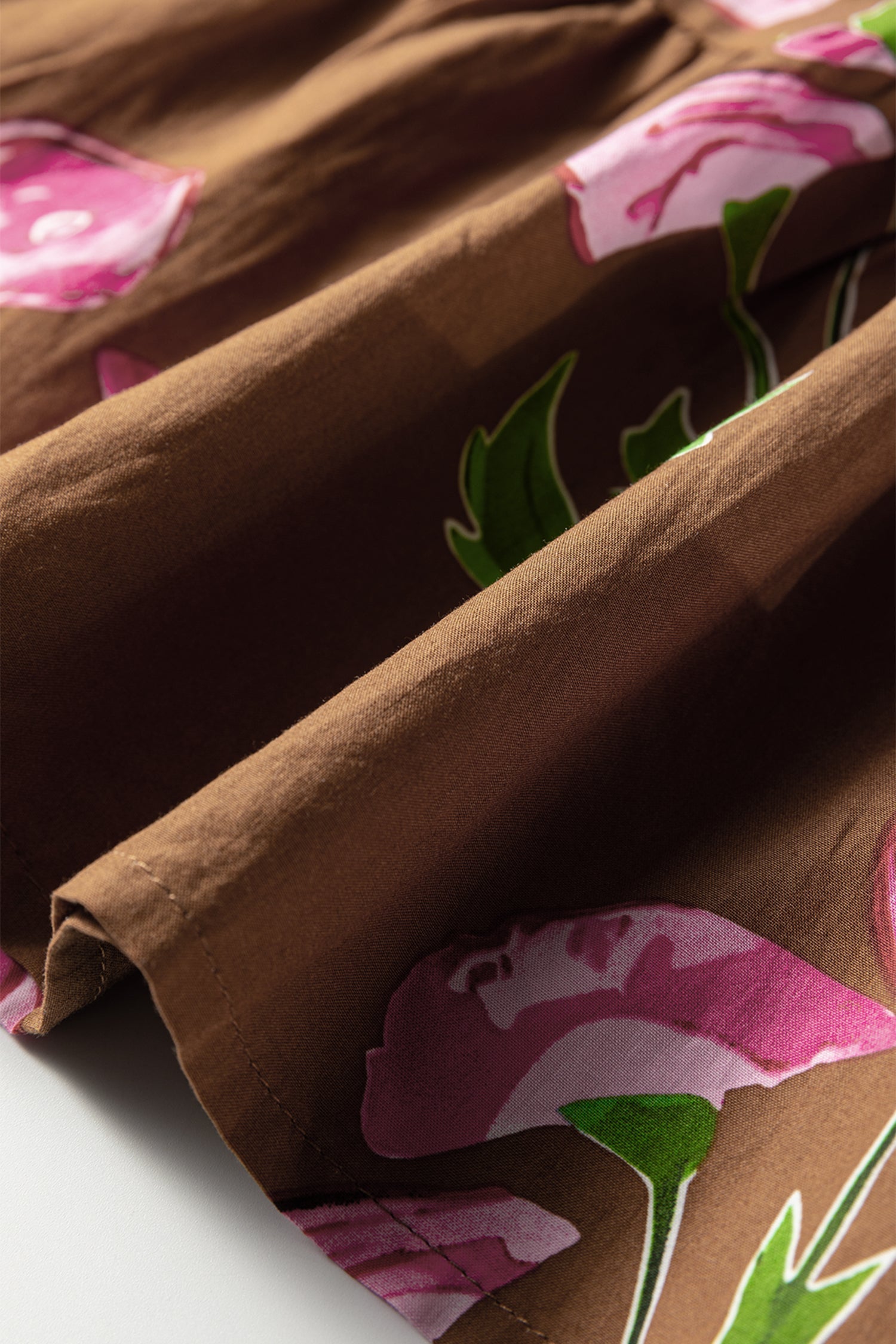 Brown Contrast Floral Print Babydoll Tunic Ruffled Hem Puff Sleeve Dress - Dresses/Floral Dresses