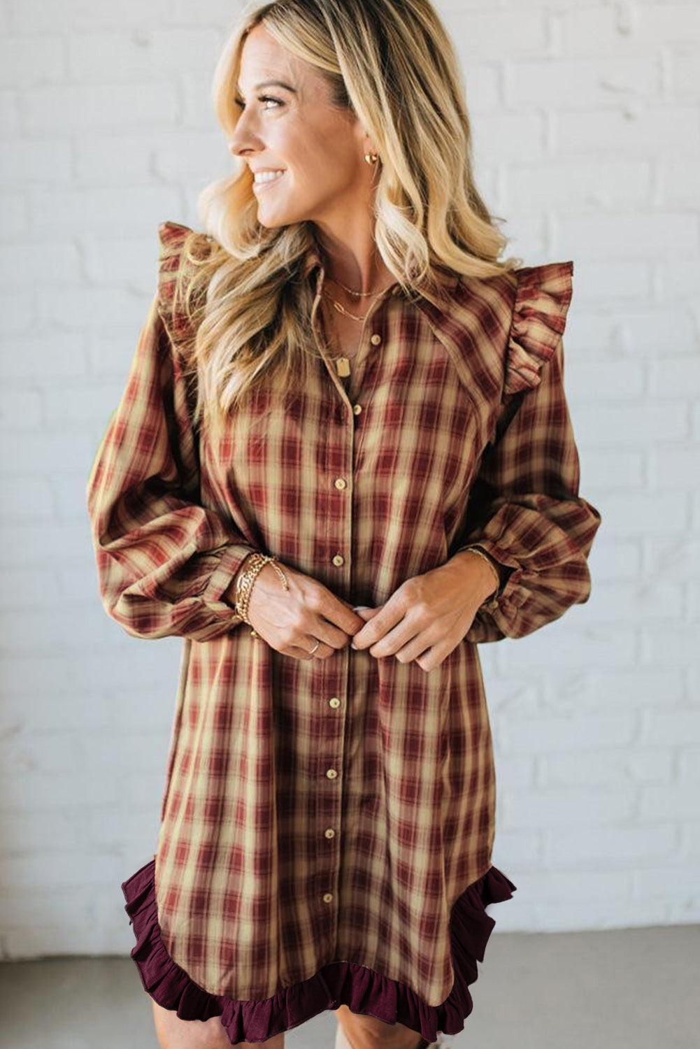 Plaid Print Ruffled Long Sleeve Hem Mini Shirt Dress - eAura