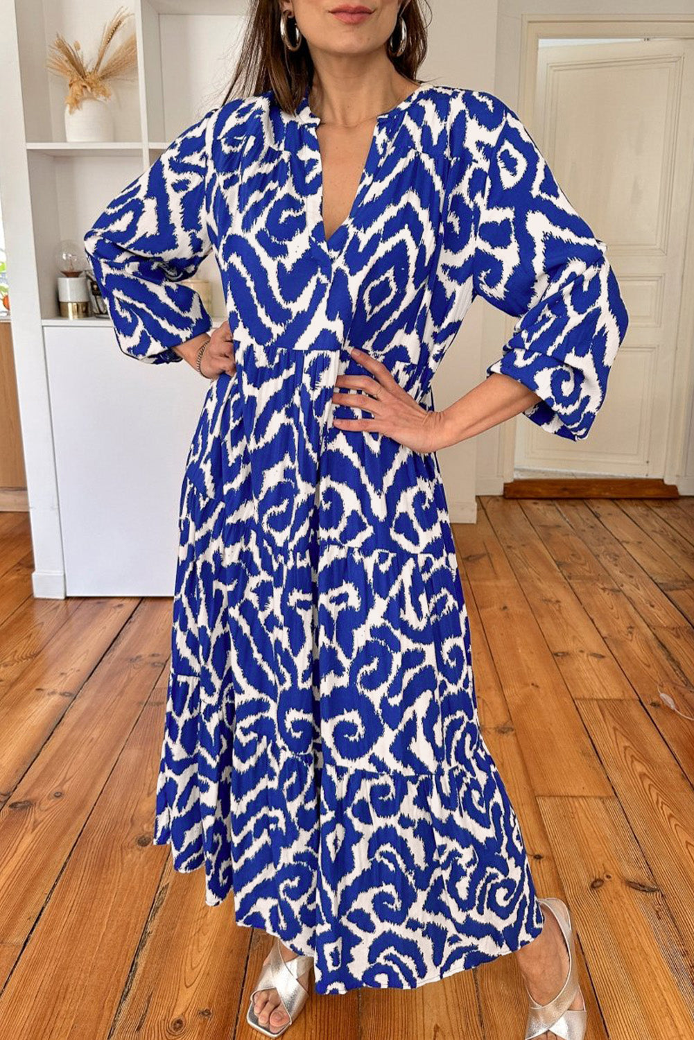 Blue Western Abstract Geometric Printed Maxi Dress Beagle Boutique Fashion Outlet