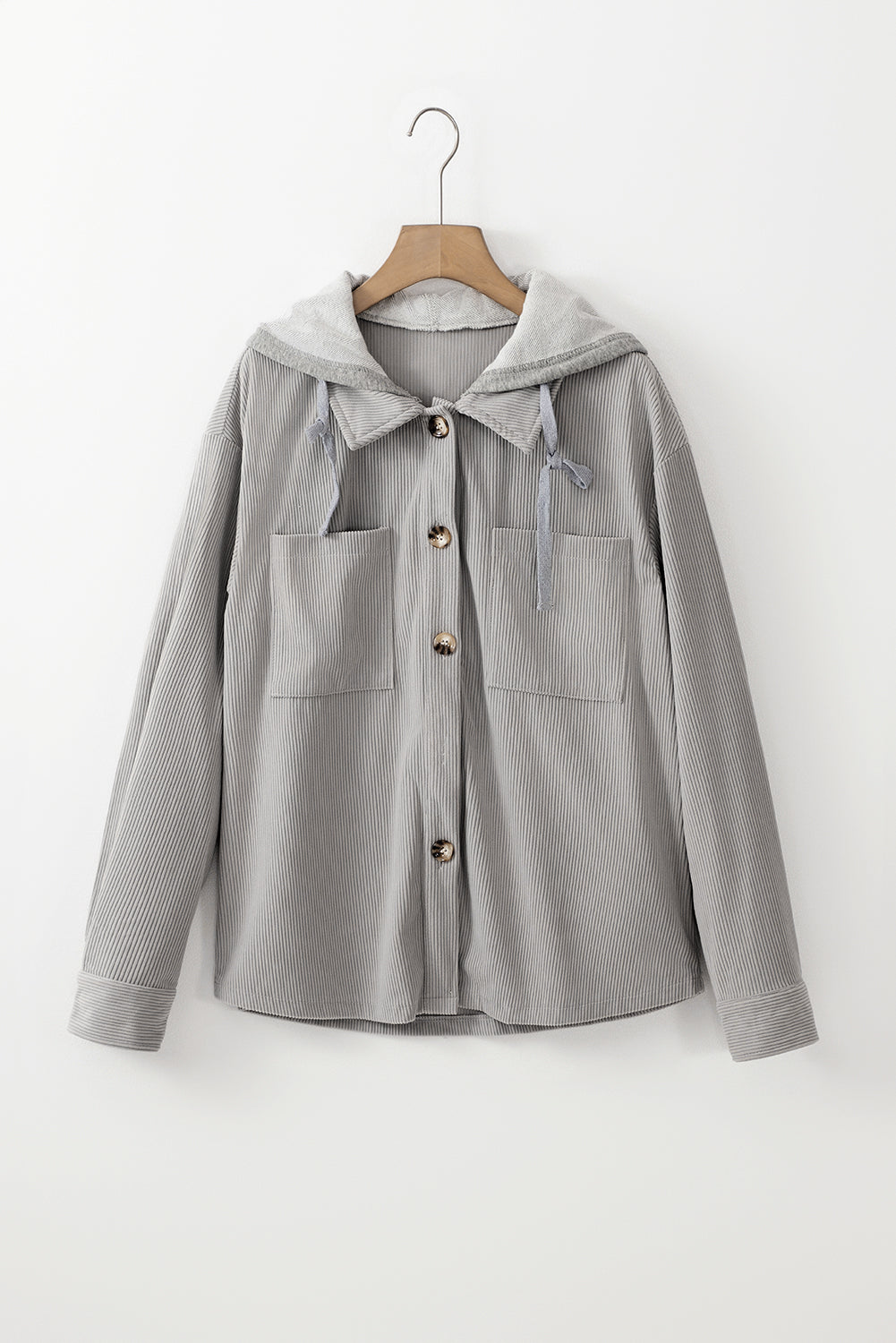 Light Grey Hooded Drawstring Pockets Corduroy Shacket Beagle Boutique Fashion Outlet