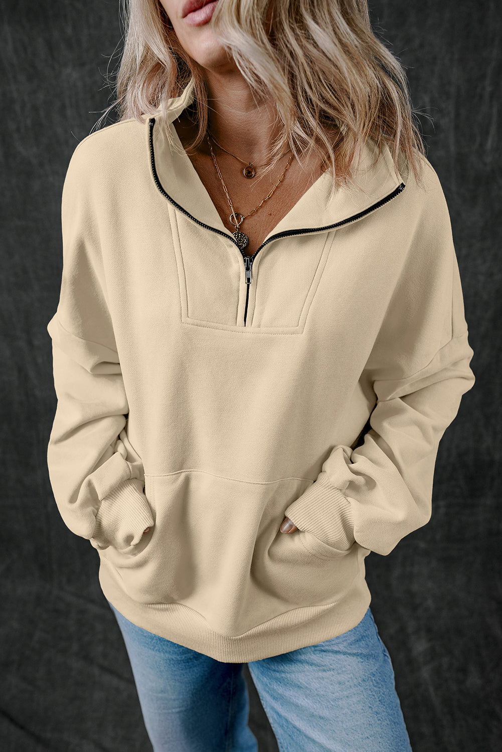 Smoke Grey Zip-up Stand Neck Kangaroo Pocket Sweatshirt eAura