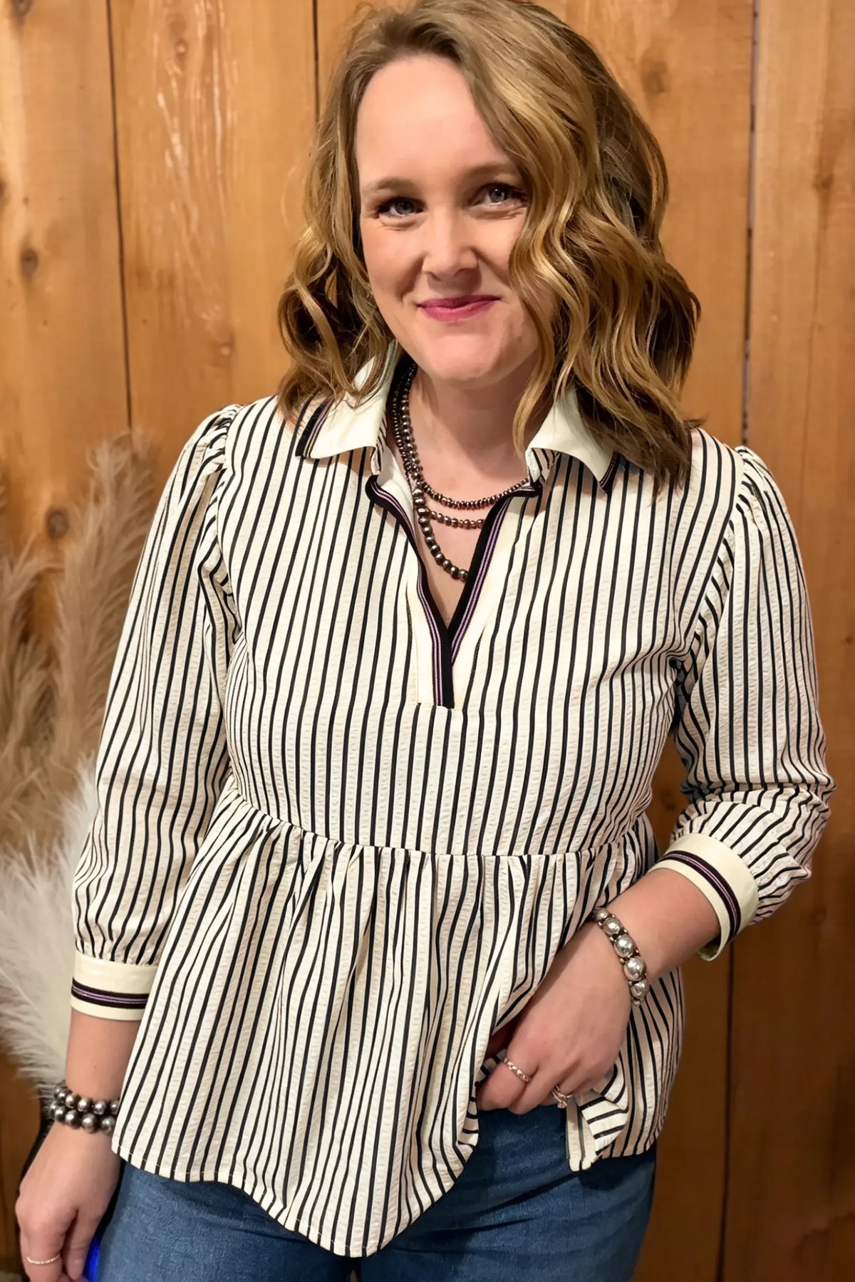 Patchwork Striped V Neck Tunic Plus Size Blouse – Black Stripe