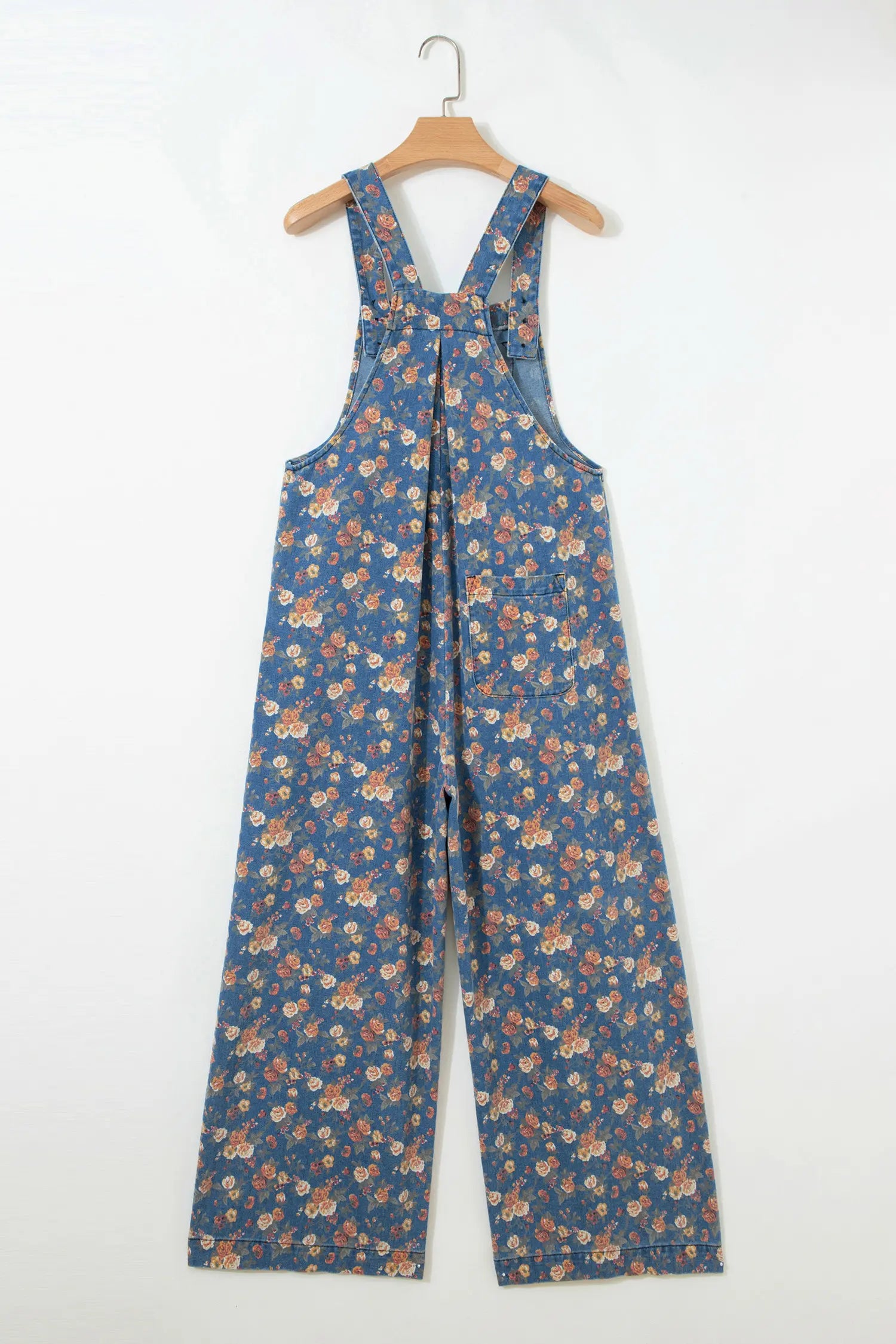 Blue Vintage Rose Printed Pleated Loose Denim Overall Jumpsuit