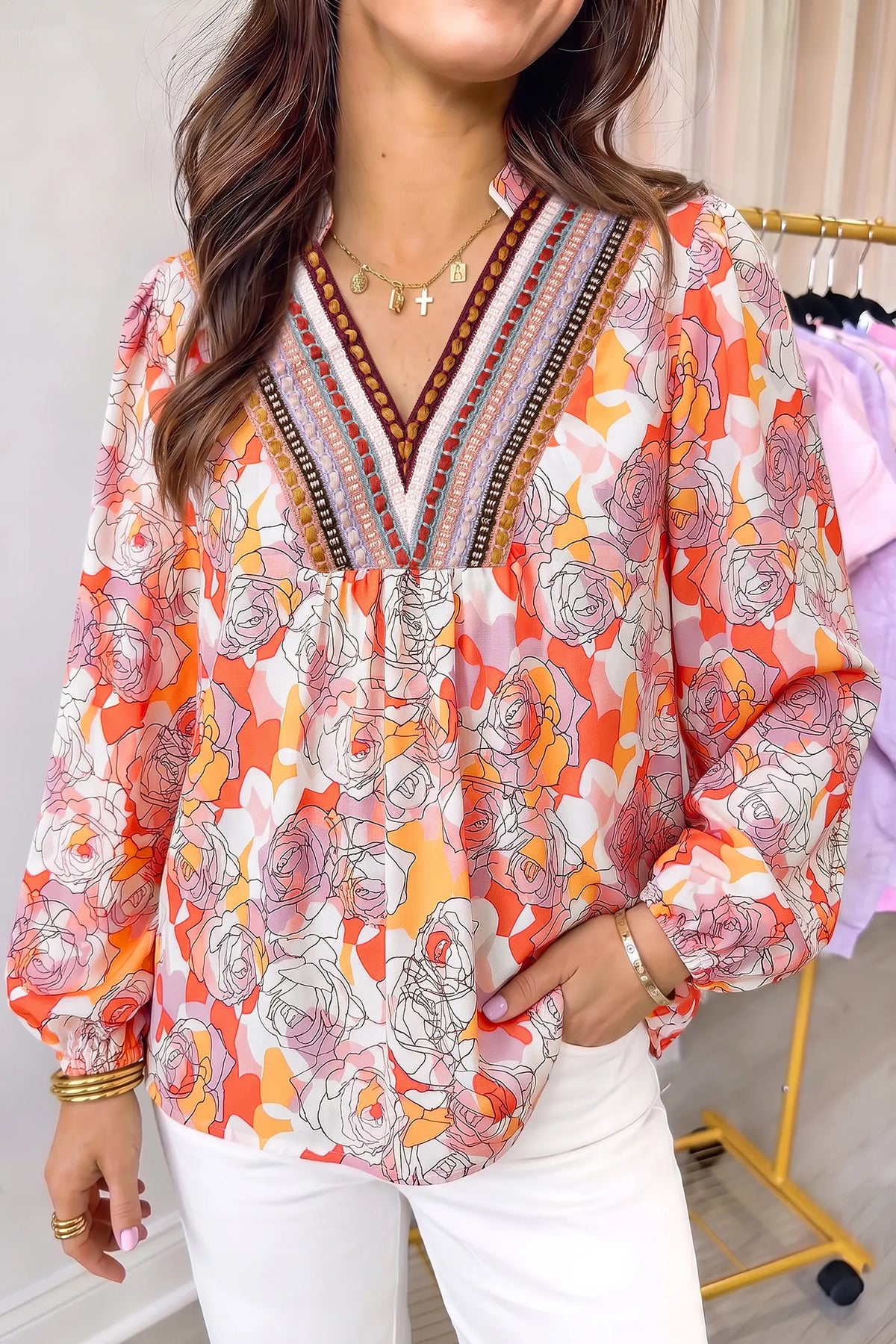 Floral Print V Neck Long Sleeve Shift Blouse – Pink