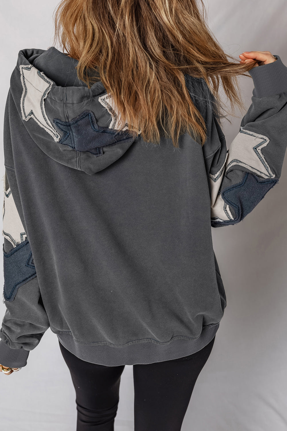 Star Patchwork Contrast Stitching Mineral Wash Kangaroo Pocket Vintage Hoodie - Tops/Sweatshirts & Hoodies