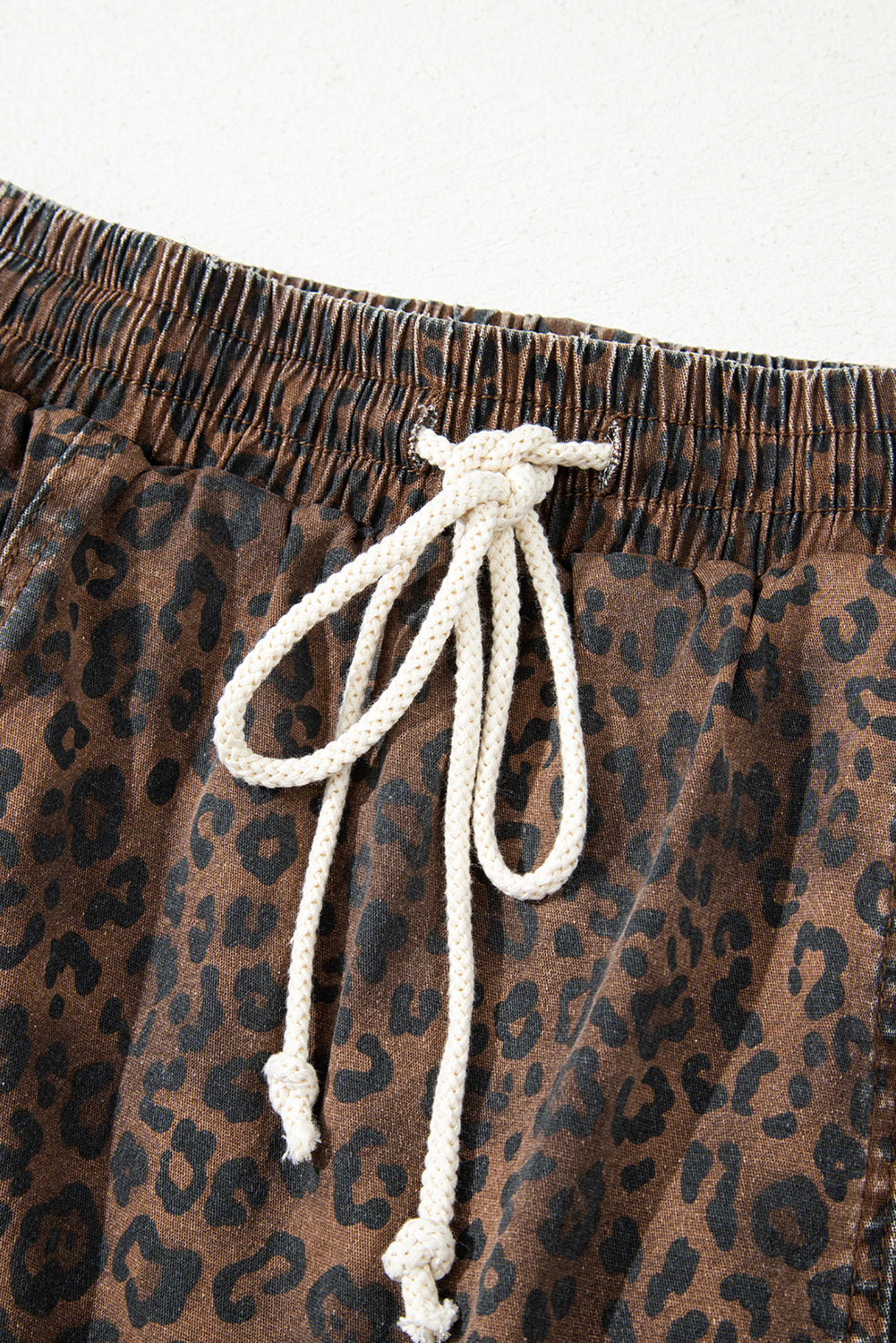 Brown Leopard Print Elastic Waist Drawstring Denim Skort eAura
