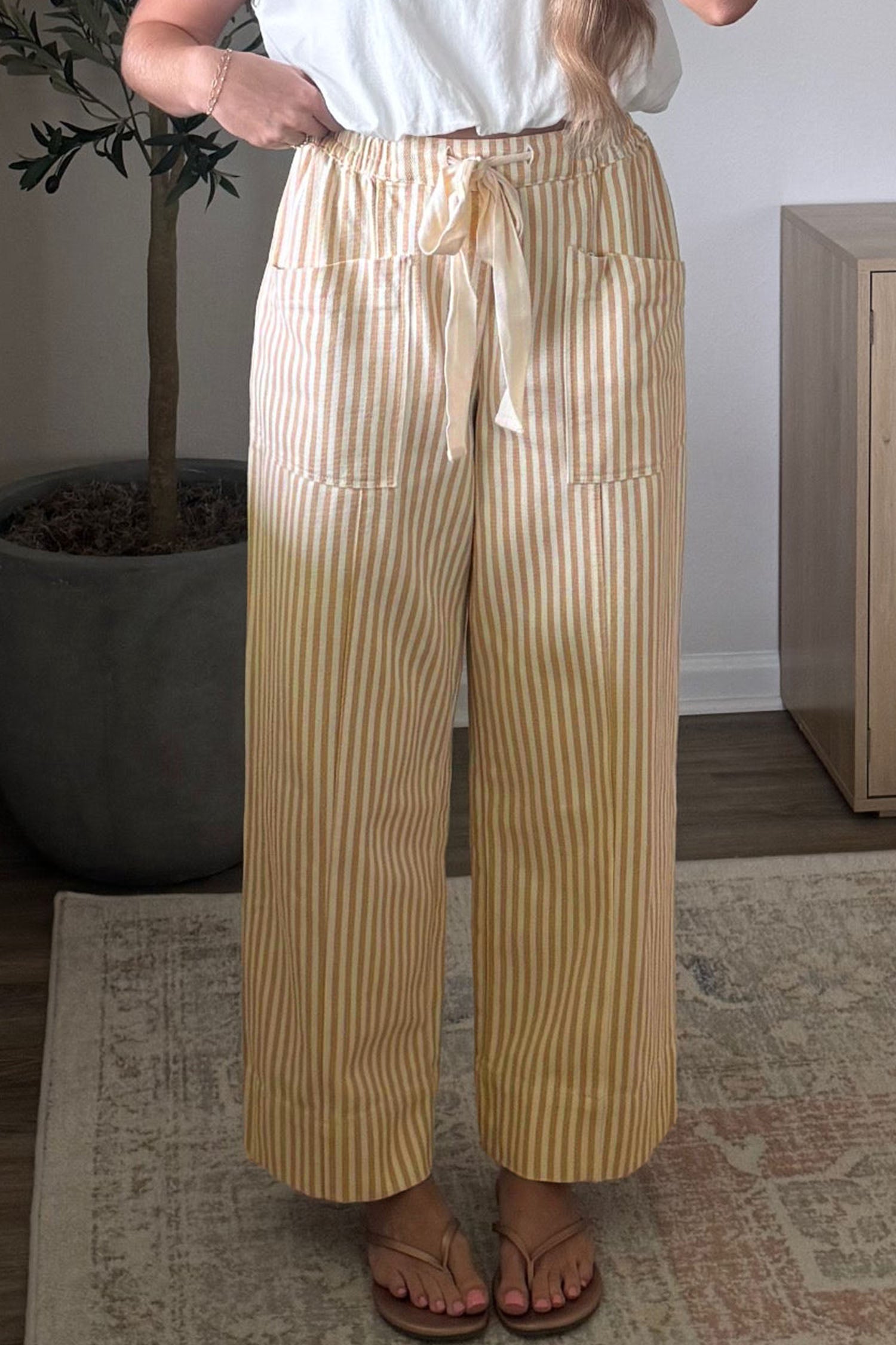 Ribbon Drawstring Waist Full-Length Shift Pant – Apricot Stripe