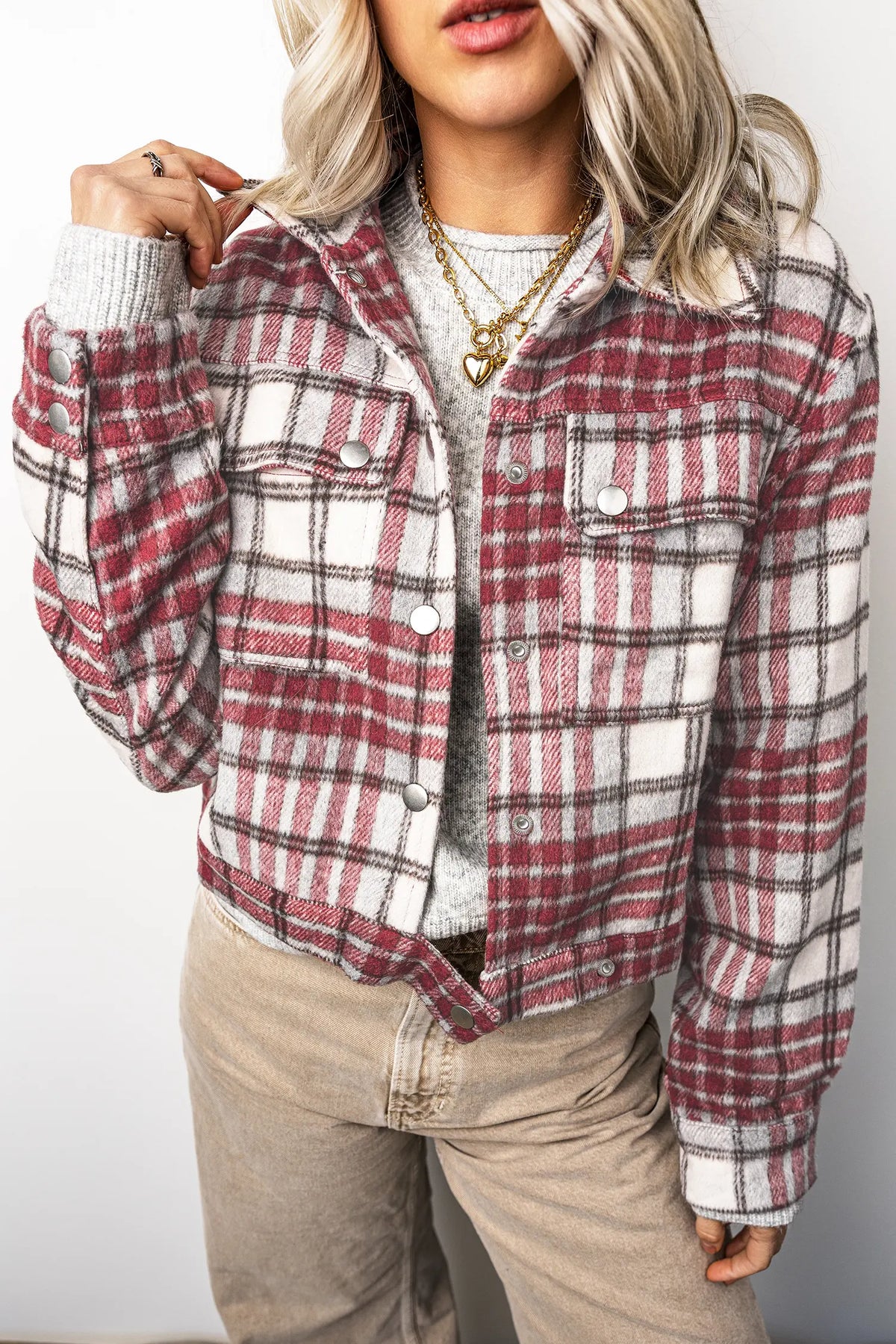 Jacket Plaid Flannel Metal Button Collar Long Sleeve Shift