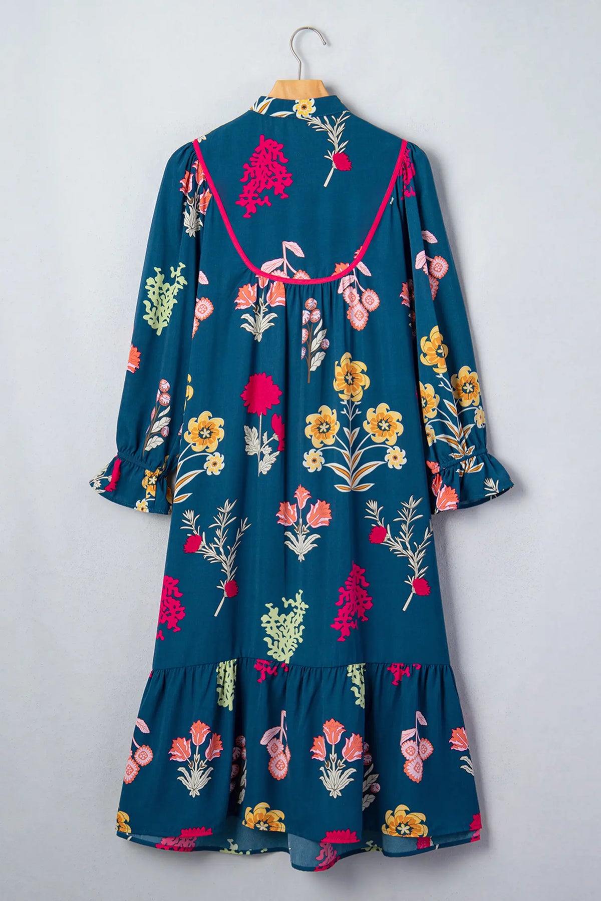 Floral Print Gathered Neckline 7/8 Sleeve Casual Midi Dress