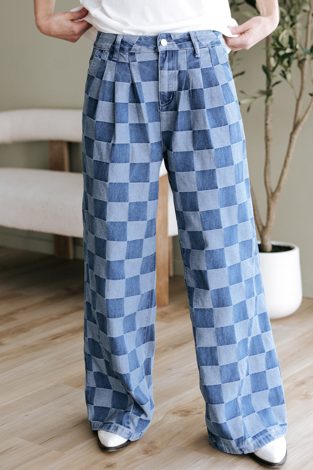 Dark Grey Checkered Denim Wide Leg Jeans eAura